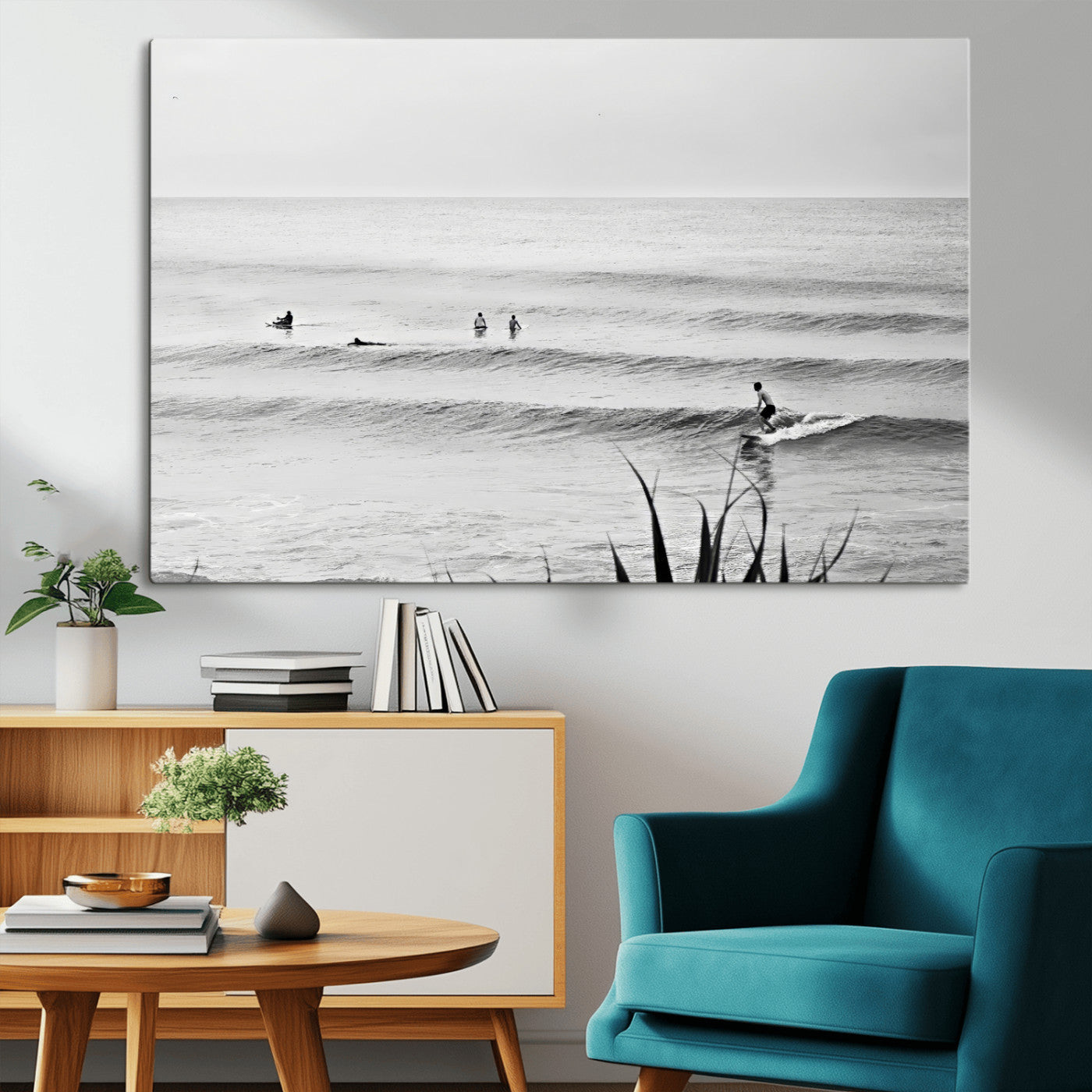 33821421-MGV-CV-36X24-Surfer Silhouette Wall Art Canvas Print, Framed Calm Ocean Art Picture Print, Monochrome Surf Perfect Minimalist Coastal Decor