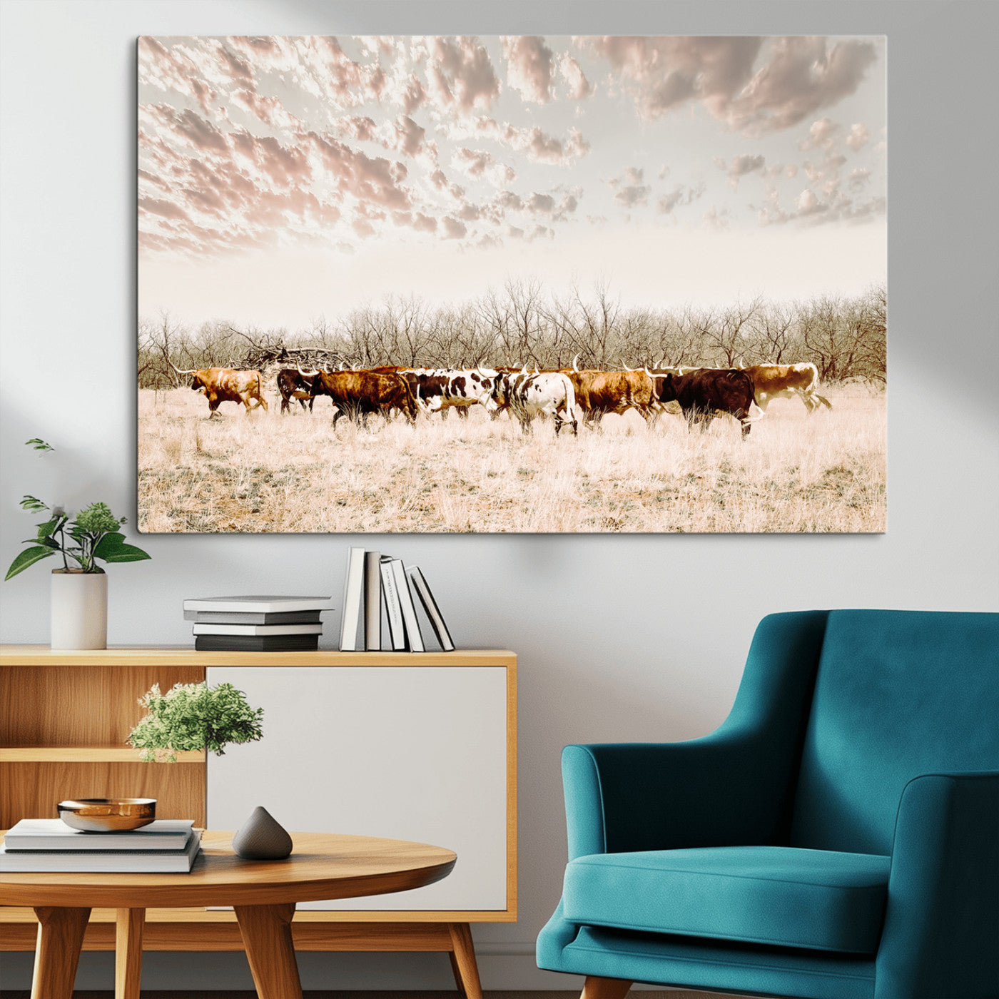 64892775-MGV-CV-36X24-Longhorn Cattle Wall Art Canvas Print, Framed Texas Ranch Art Picture Print, Western Cow Perfect Western Decor Artwork