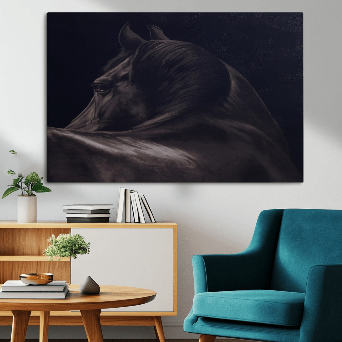 67026880-MGV-CV-36X24-Black Horse Portrait Wall Art Canvas Print, Framed Moody Horse Decor Art Picture Print, Equestrian Wall Style Perfect Masculine