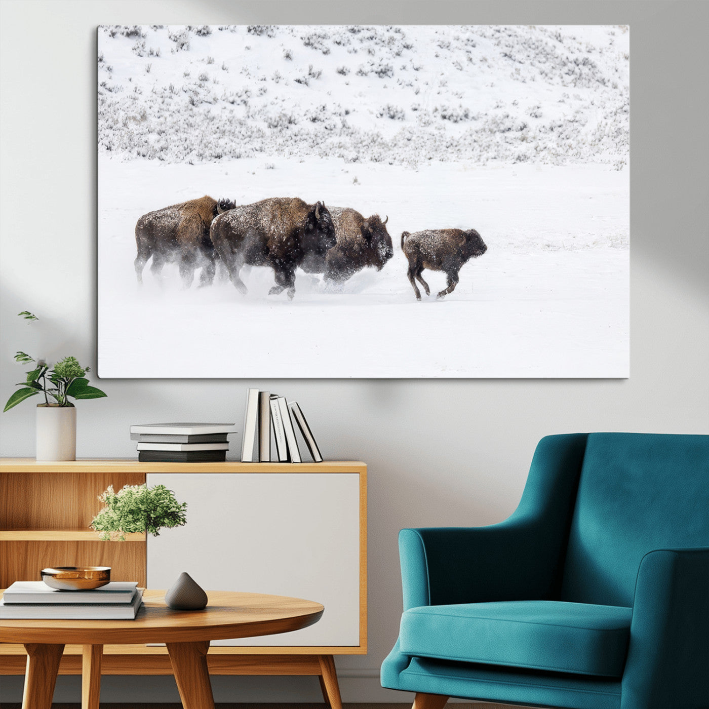 56216945-MGV-CV-36X24-Bison Herd Decor Wall Art Canvas Print, Framed Snowy Bison Scene Art Picture Print, Winter Wildlife Theme Perfect Rustic Western