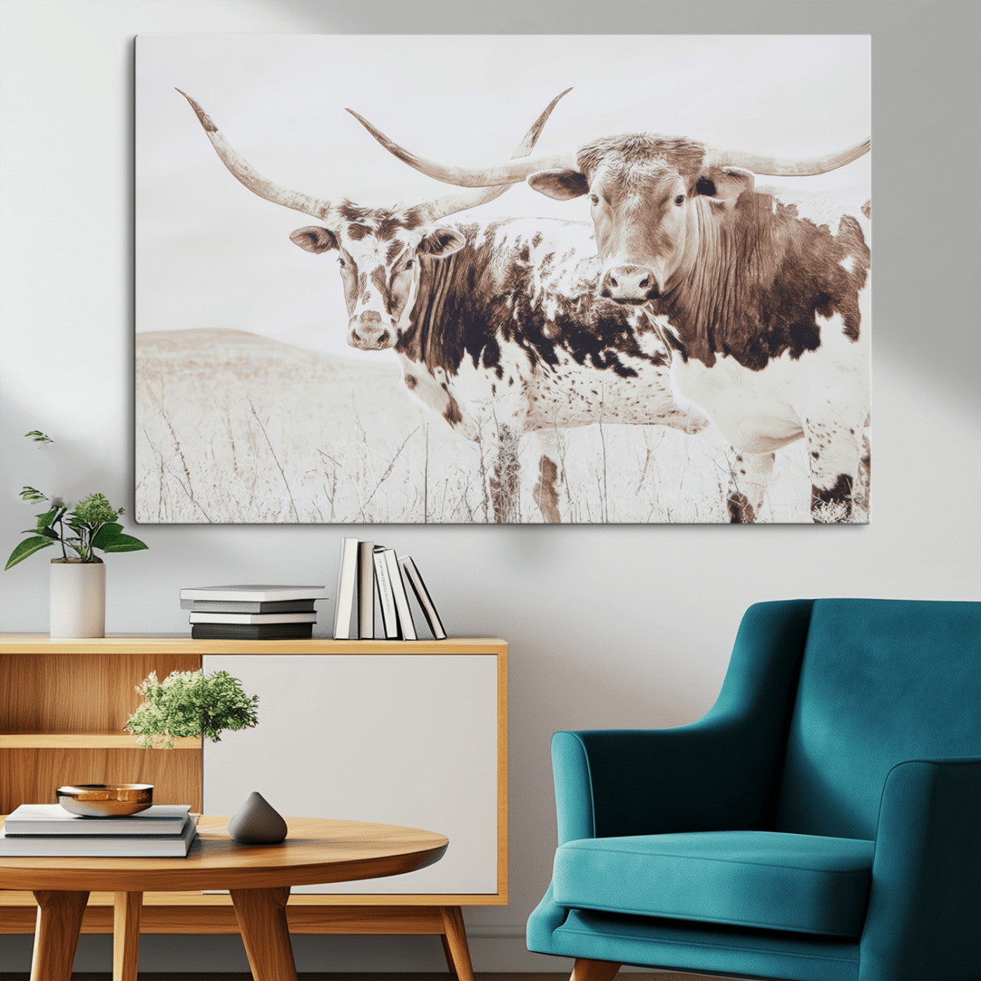 48161868-MGV-CV-36X24-Longhorn Cow Decor Wall Art Canvas Print, Framed Rustic Cattle Art Picture Print, Sepia Western Vibe Perfect Neutral Rustic