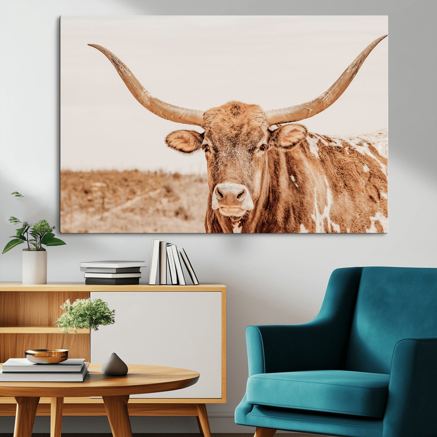 74406977-MGV-CV-36X24-Longhorn Bull Decor Wall Art Canvas Print, Framed Western Cow Theme Art Picture Print, Rustic Farmhouse Wall Perfect Neutral