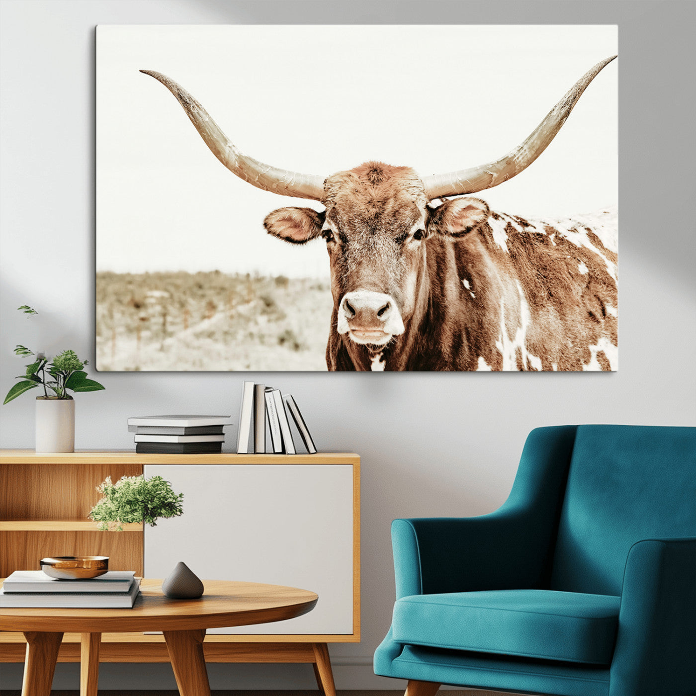 98924580-MGV-CV-36X24-Texas Longhorn Bull Wall Art Canvas Print, Framed Rustic Farmhouse Decor Art Picture Print, Western Animal Theme Perfect Rustic