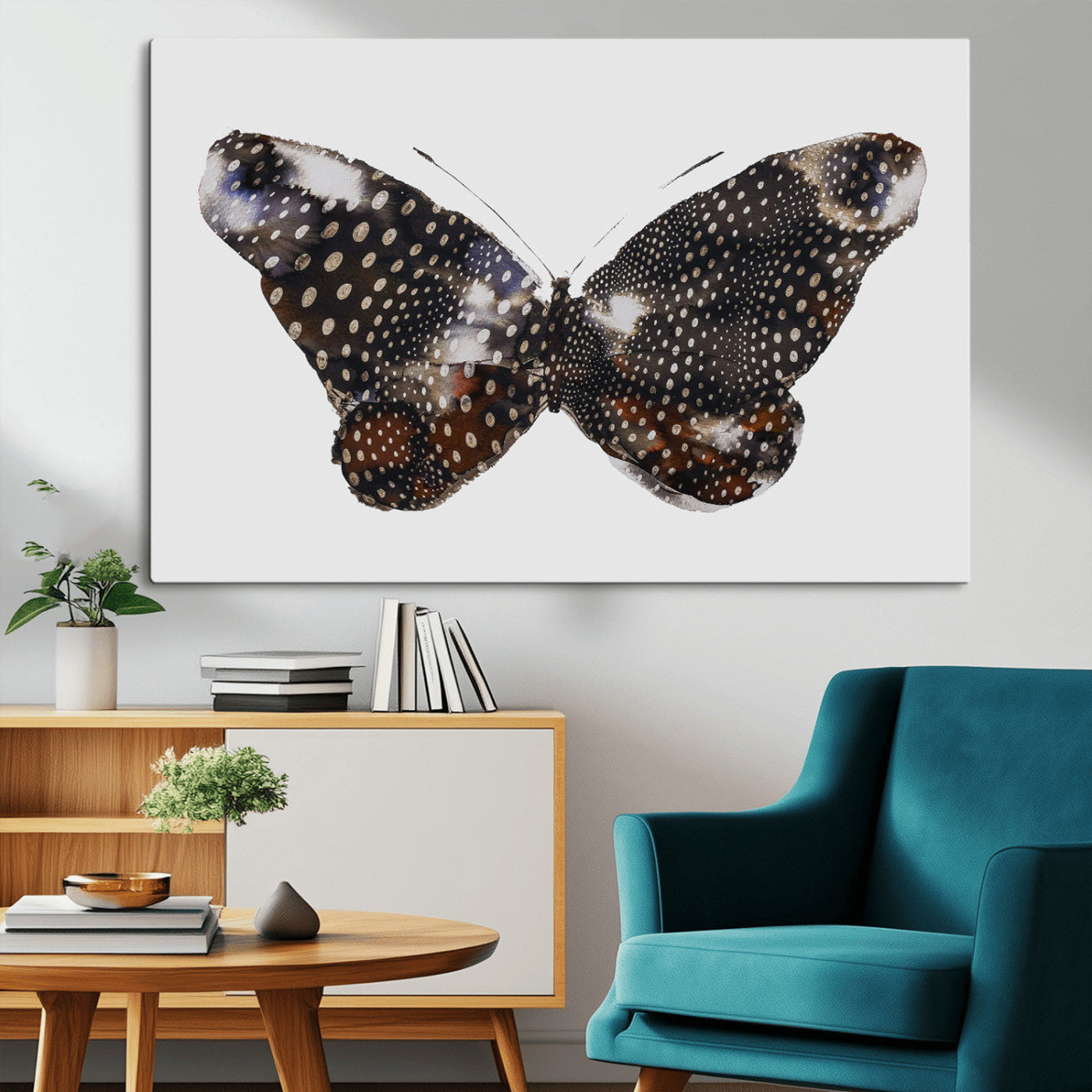 99831147-MGV-CV-36X24-Spotted Butterfly Wall Art Canvas Print, Framed Neutral Insect Theme Art Picture Print, Earthy Wing Pattern Perfect Modern Rustic