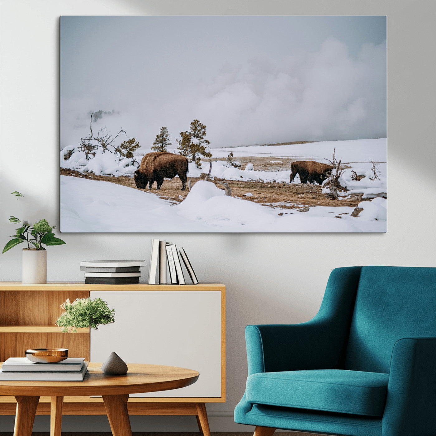 60308289-MGV-CV-36X24-Bison Wildlife Wall Art Canvas Print, Framed Snowy Prairie Art Picture Print, Western Landscape Perfect Rustic Winter Decor
