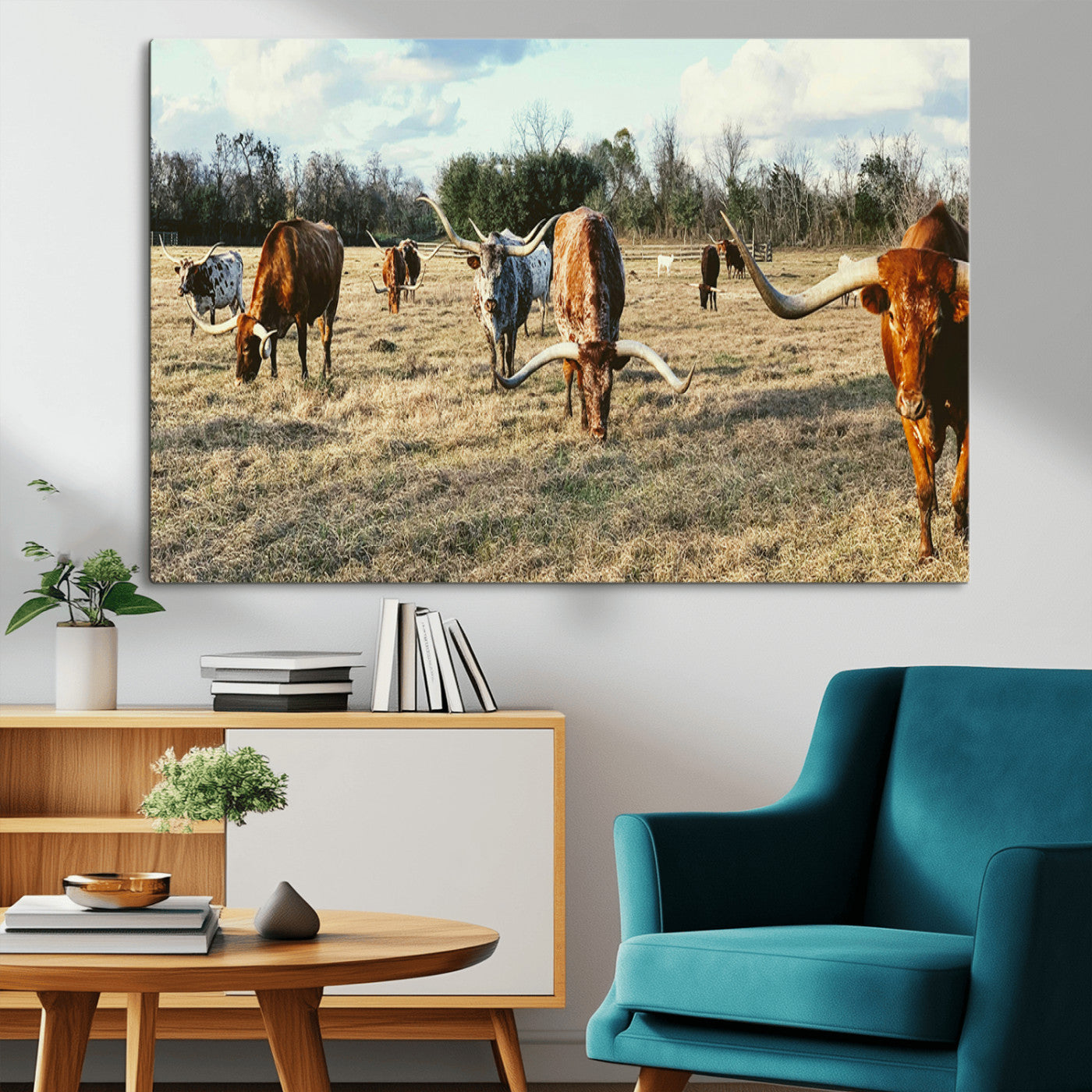 39144651-MGV-CV-36X24-Texas Longhorns Wall Art Canvas Print, Framed Rustic Farm Scene Art Picture Print, Western Cattle Perfect Rustic Farmhouse Decor