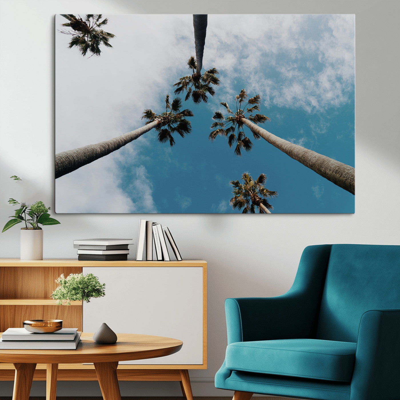 45236398-MGV-CV-36X24-Tropical Palm Trees Wall Art Canvas Print, Framed California Sky Art Picture Print, Minimalist Nature Perfect Coastal Minimalist