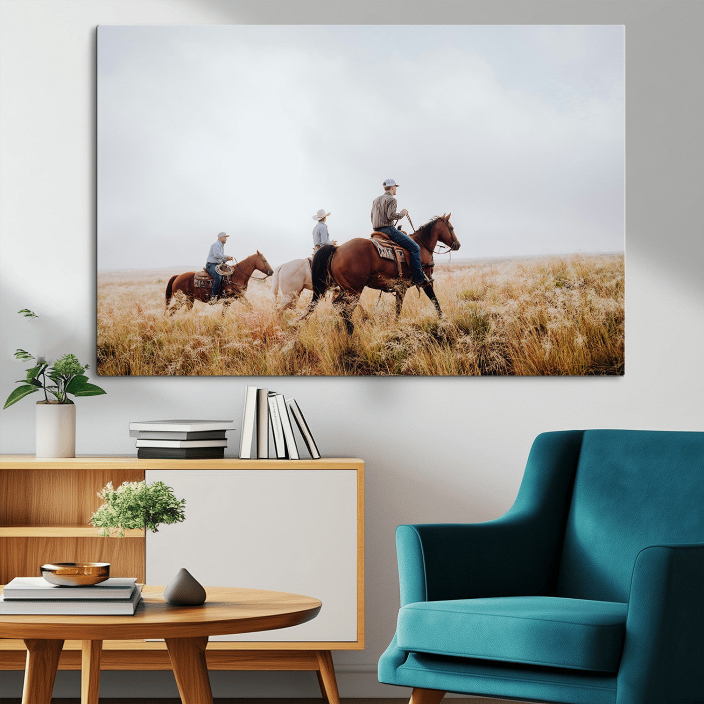 94723307-MGV-CV-36X24-Western Cowboys Wall Art Canvas Print, Framed Rustic Prairie Art Picture Print, Horseback Riding Perfect Rustic Western Decor