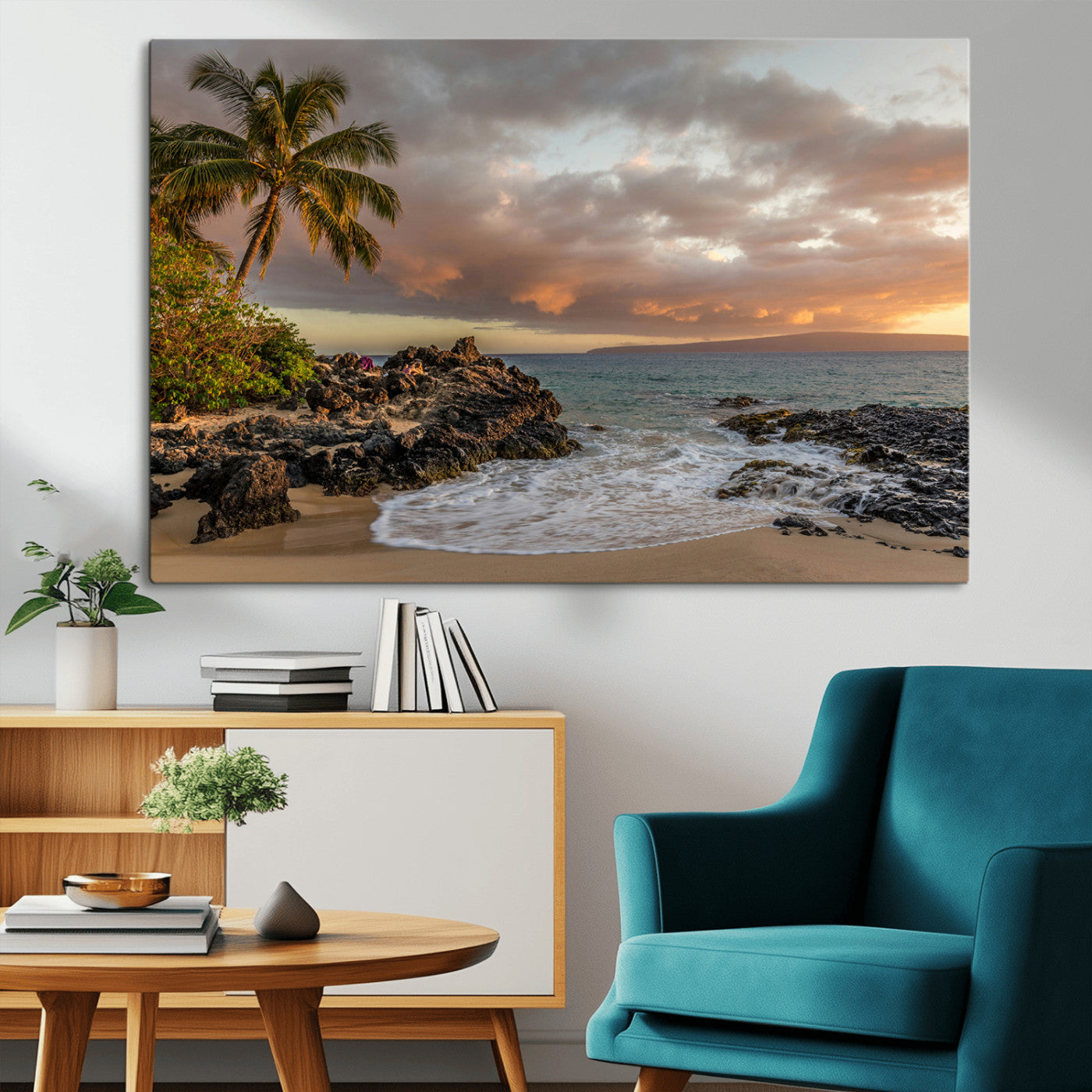 55108220-MGV-CV-36X24-Tropical Beach Wall Art Canvas Print, Framed Hawaiian Sunset Art Picture Print, Ocean Waves Perfect Coastal Tropical Decor Artwork