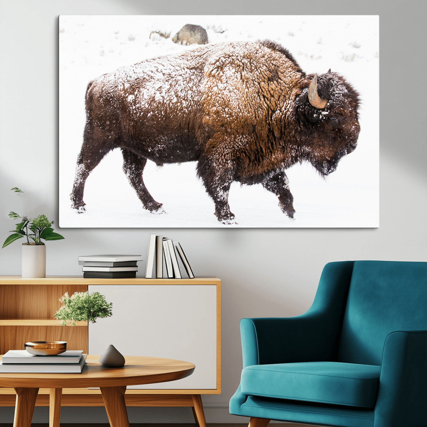 94261165-MGV-CV-36X24-Snowy Buffalo Wall Art Canvas Print, Framed Wildlife Photography Art Picture Print, Brown Tones Perfect Rustic Lodge Decor Decor
