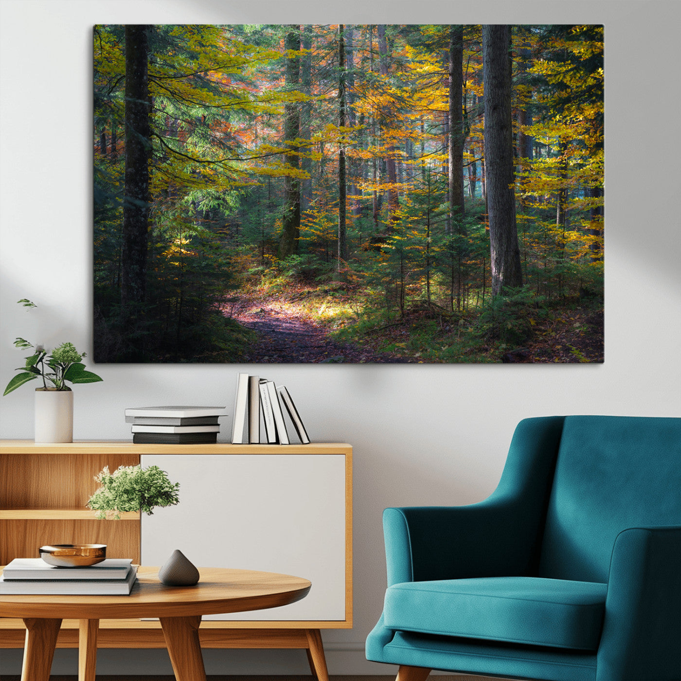 65810864-MGV-CV-36X24-Autumn Forest Wall Art Canvas Print, Framed Fall Woodland Art Picture Print, Golden Leaves Perfect Rustic Farmhouse Decor Artwork