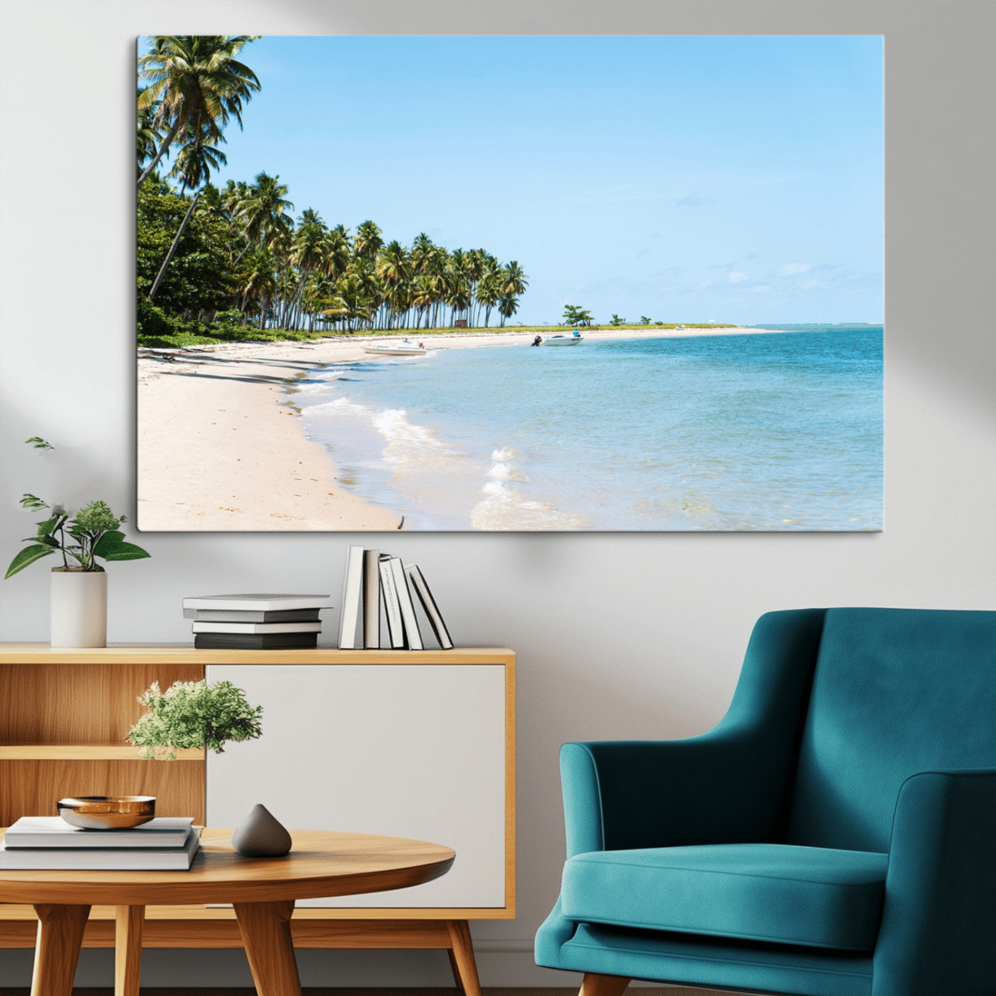 37858872-MGV-CV-36X24-Palm Tree Coast Wall Art Canvas Print, Framed Island Getaway Art Picture Print, Crystal Blue Water Perfect Tropical Coastal Decor