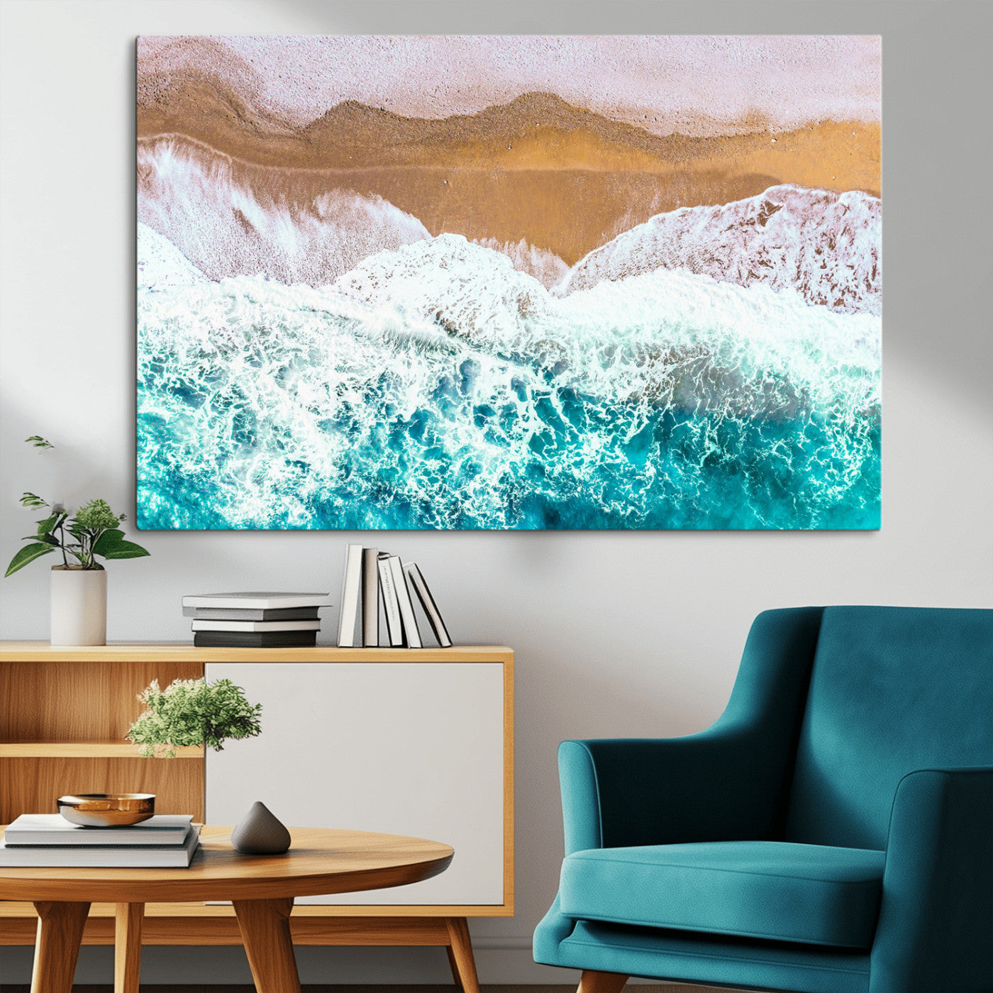 26870666-MGV-CV-36X24-Aerial Beach Wall Art Canvas Print, Framed Ocean Waves Art Picture Print, Coastal Landscape Perfect Coastal Minimalist Decor