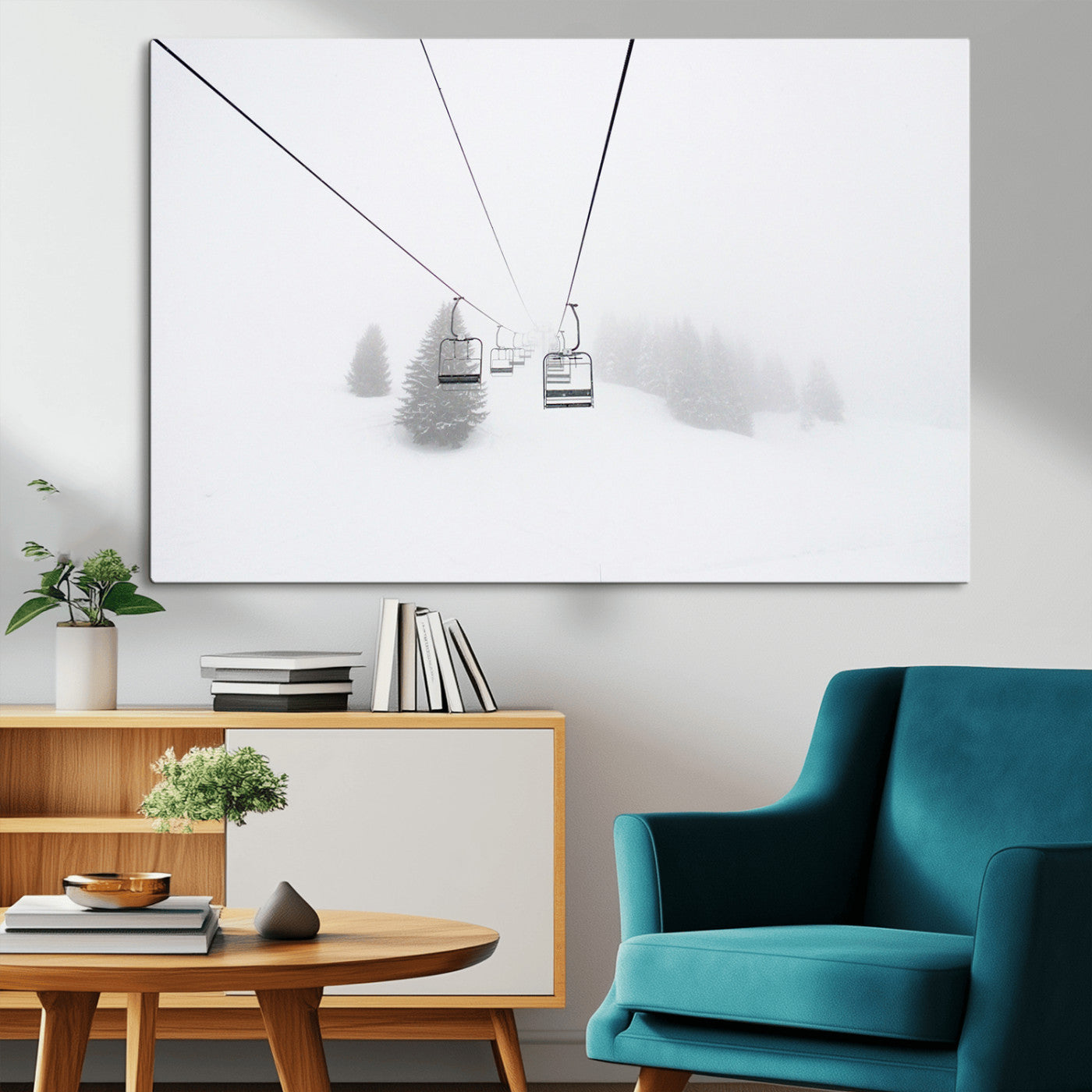 20216390-MGV-CV-36X24-Ski Lift Wall Art Canvas Print, Framed Snowy Landscape Art Picture Print, Alpine Adventure Perfect Nordic Minimalist Decor Artwork