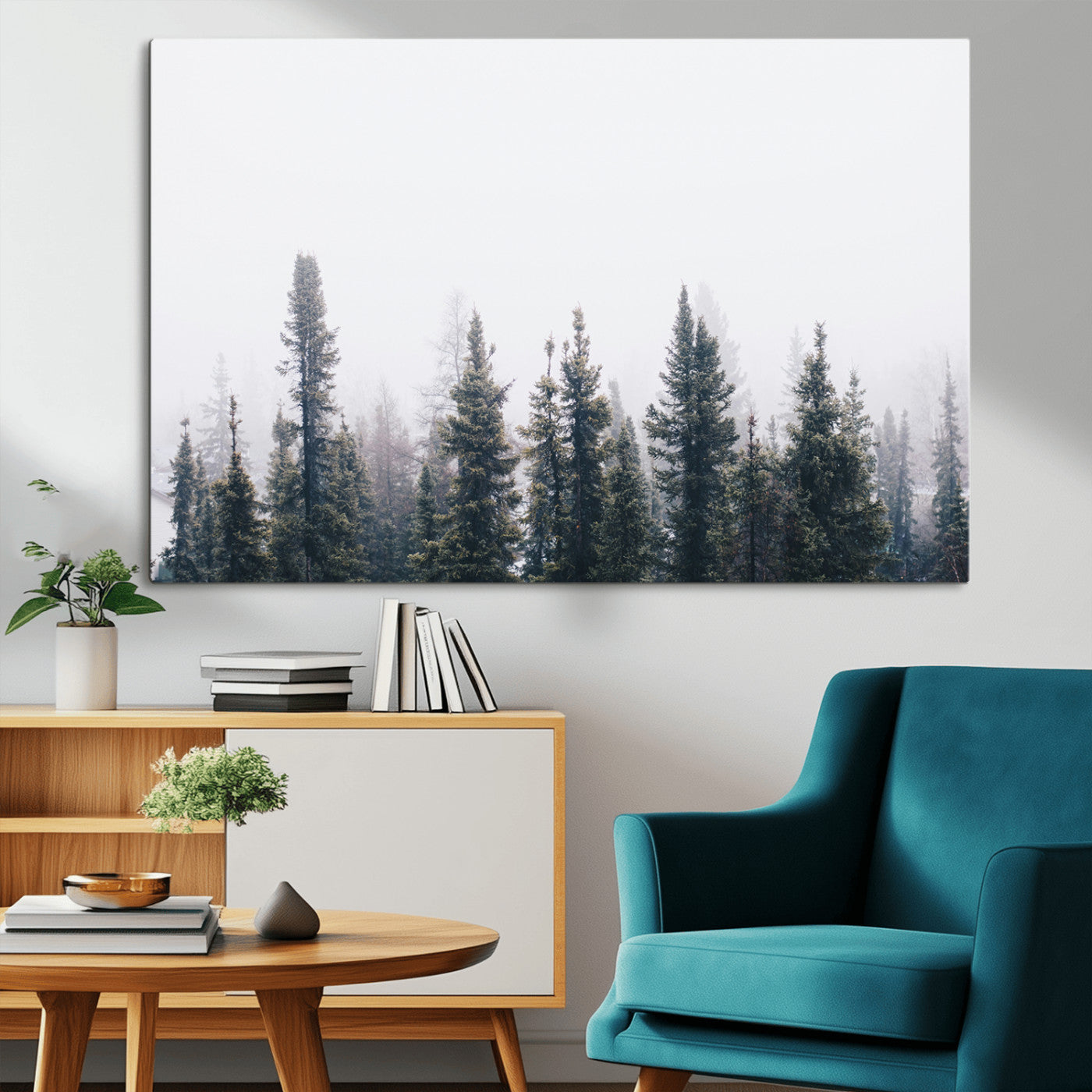 42364796-MGV-CV-36X24-Foggy Forest Wall Art Canvas Print, Framed Misty Pines Art Picture Print, Moody Woodland Perfect Scandinavian Minimalist Decor