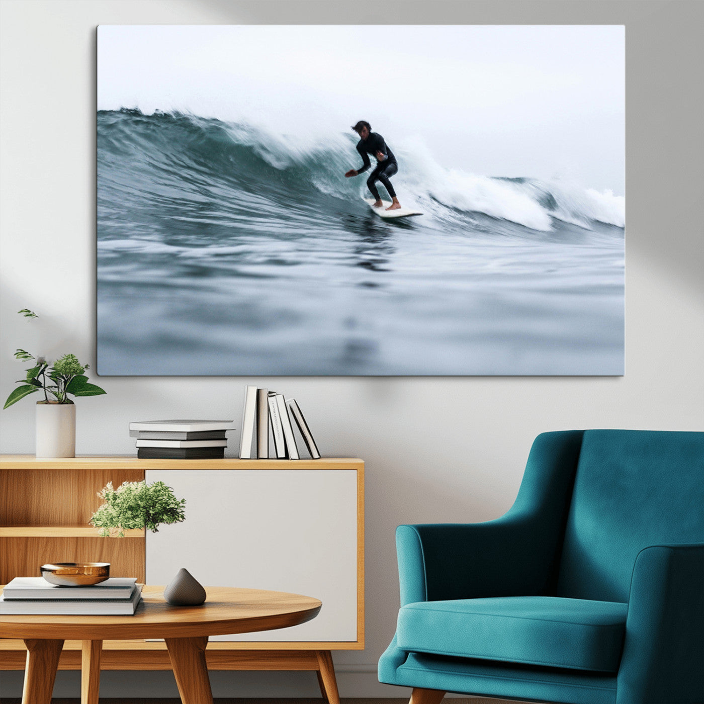 11693607-MGV-CV-36X24-Surfer on Wave Wall Art Canvas Print, Framed Ocean Adventure Art Picture Print, Motion Blur Water Perfect Coastal Adventure Decor