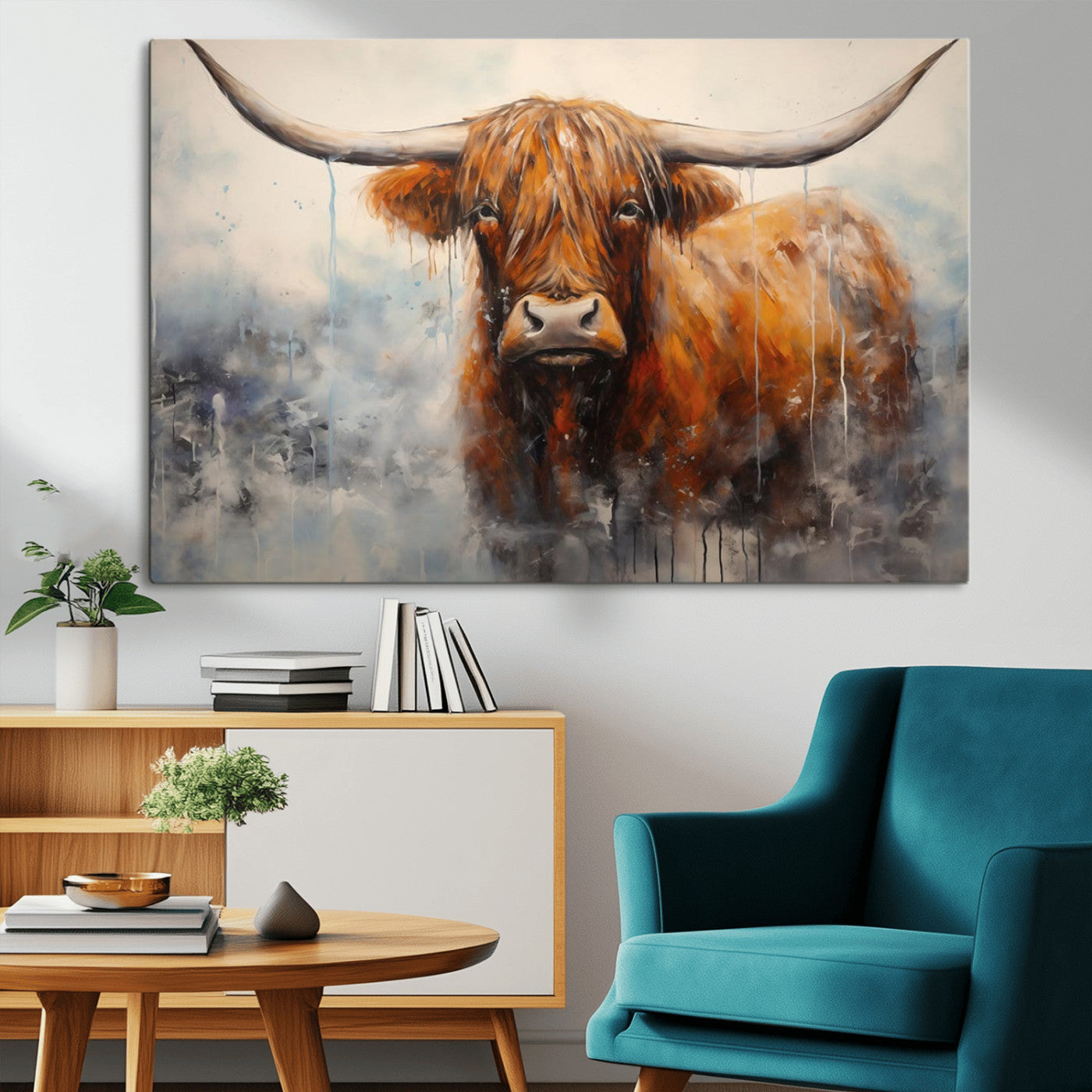 X61001-MGV-CV-36X24-Scottish Highland Wall Art Canvas Print, Framed Longhorn Art Picture Print, Western Cow Perfect Farmhouse Decor Artwork