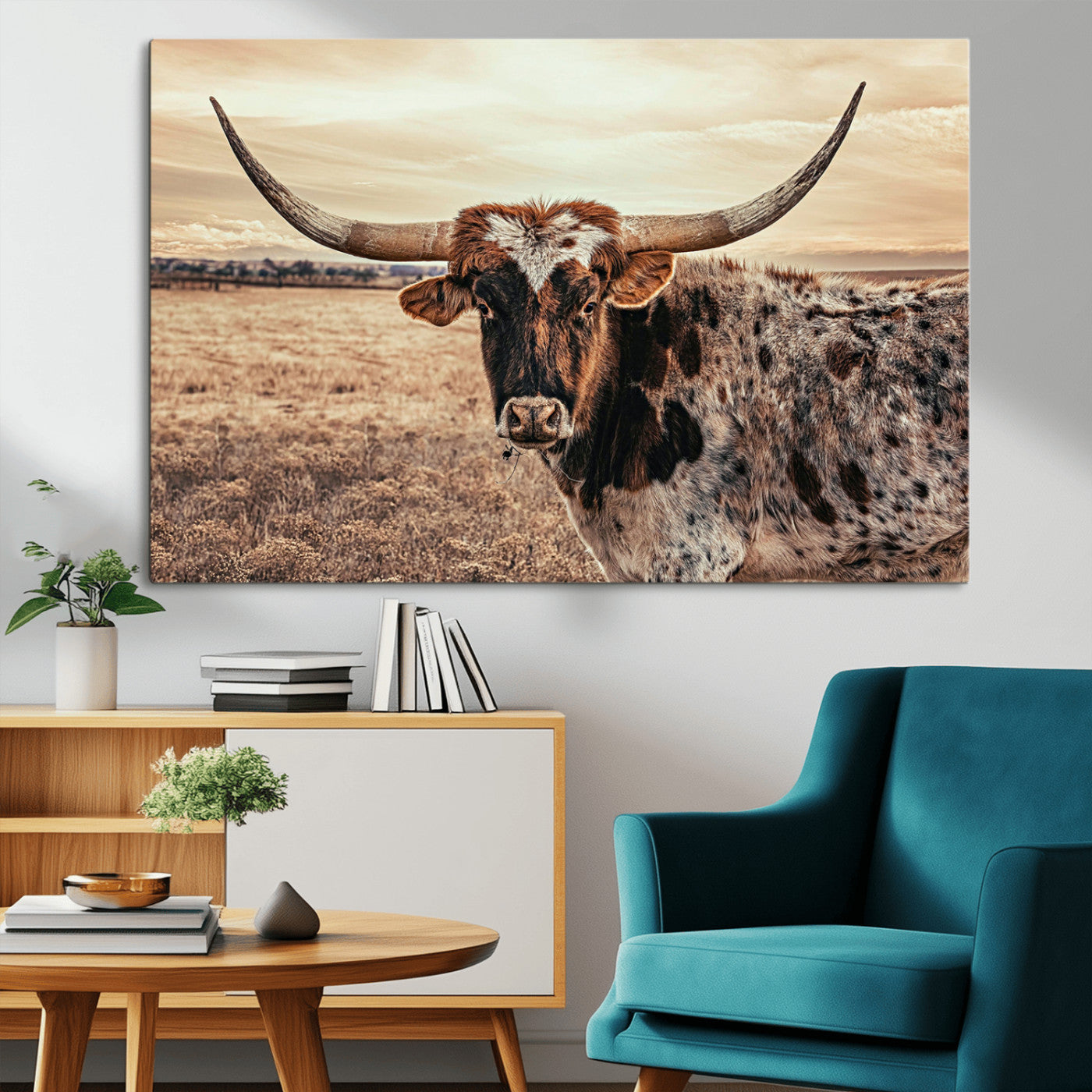 95745718-MGV-CV-36X24-Texas Longhorn Wall Art – Western Cattle Photography Canvas Print, Rustic Ranch Animal Artwork Country Farmhouse Decor for Living
