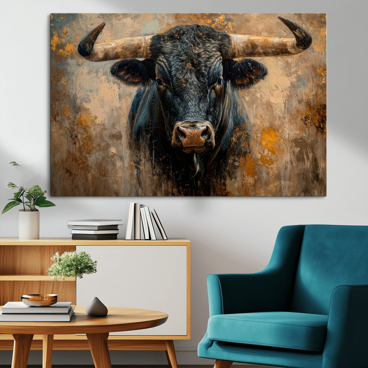 91615410-MGV-CV-36X24-Bull Wall Art – Rustic Western Longhorn Canvas Print, Powerful Abstract Animal Painting, Farmhouse Ranch Decor for Living Room,