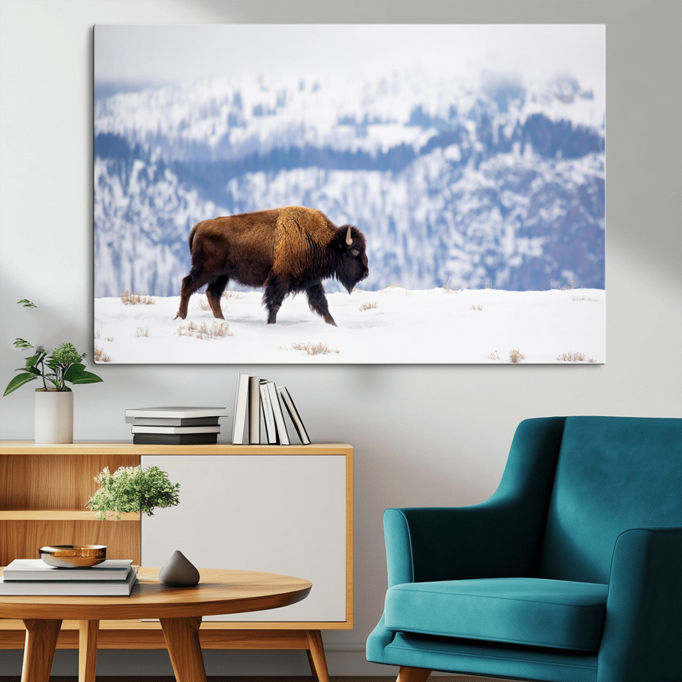 21623194-MGV-CV-36X24-Snow Bison Wall Art – Majestic Buffalo Wildlife Canvas Print, Winter Nature Décor for Rustic Living Room, Farmhouse, Cabin, Lodge