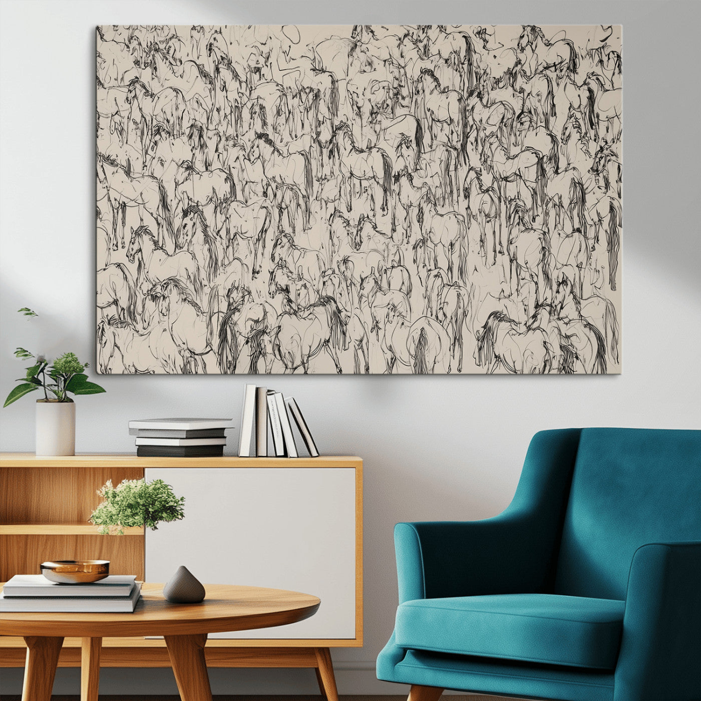 12358908-MGV-CV-36X24-Horse Herd Sketch Wall Art – Abstract Wild Horses Line Drawing Canvas Print, Rustic Western Style Equestrian Decor for Living