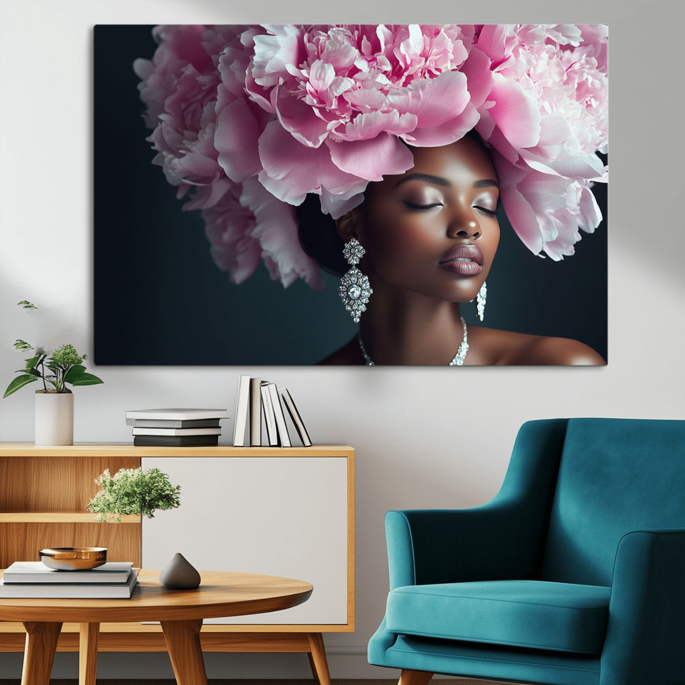 35482880-MGV-CV-36X24-Floral Portrait Wall Art – Elegant Woman with Pink Peony Headpiece Canvas Print, Luxury Fashion Inspired Artwork, Modern Glam