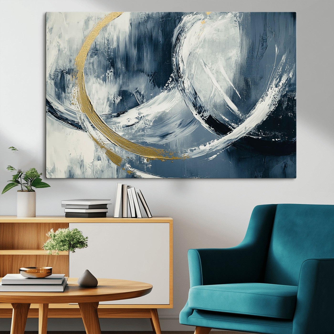 97295757-MGV-CV-36X24-Abstract Blue and Gold Wall Art – Modern Luxury Canvas Print, Navy White Brushstroke Painting, Contemporary Living Room Office