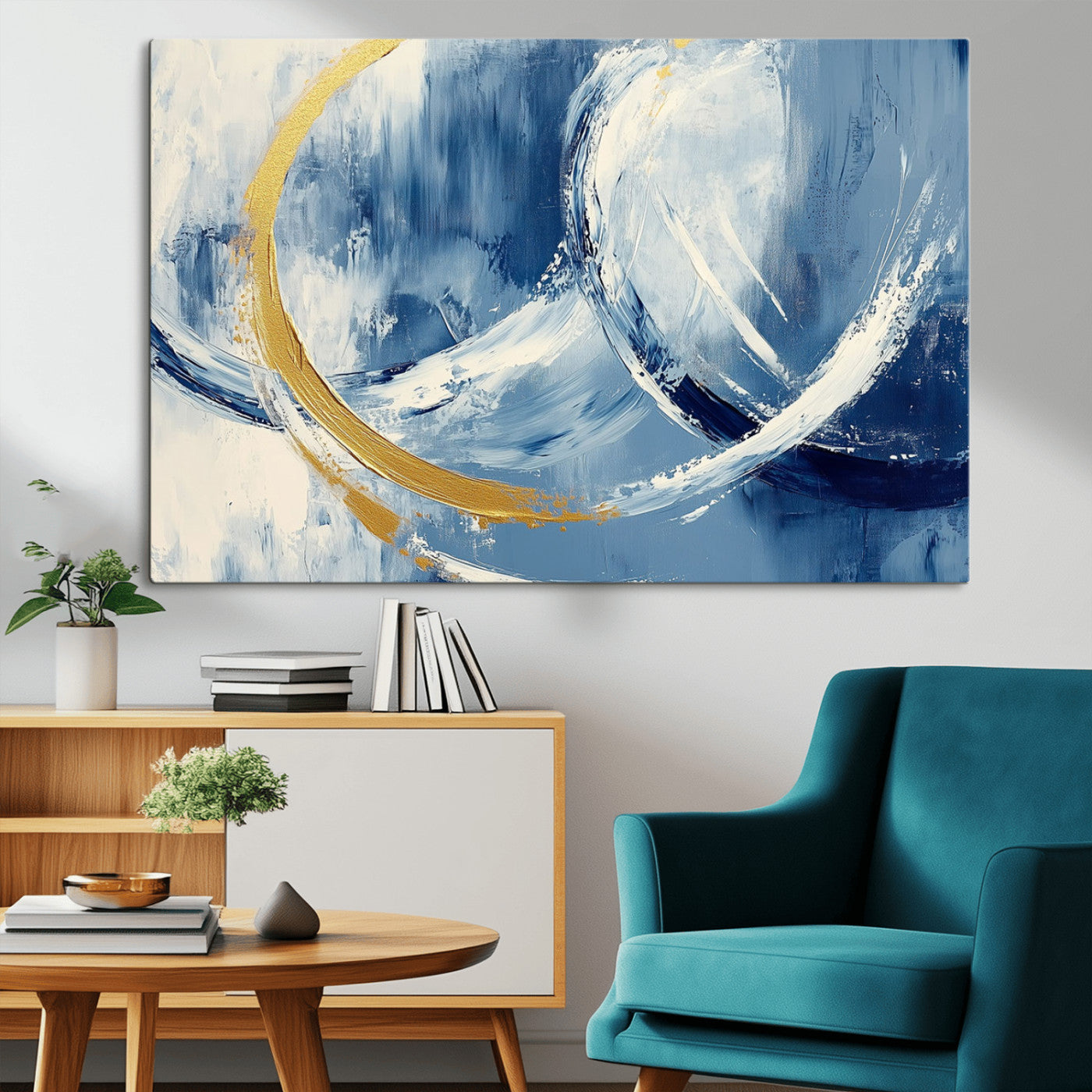 42475677-MGV-CV-36X24-Blue and Gold Abstract Wall Art – Modern Luxury Canvas Print, Navy White Brushstroke Painting, Contemporary Home Office Living