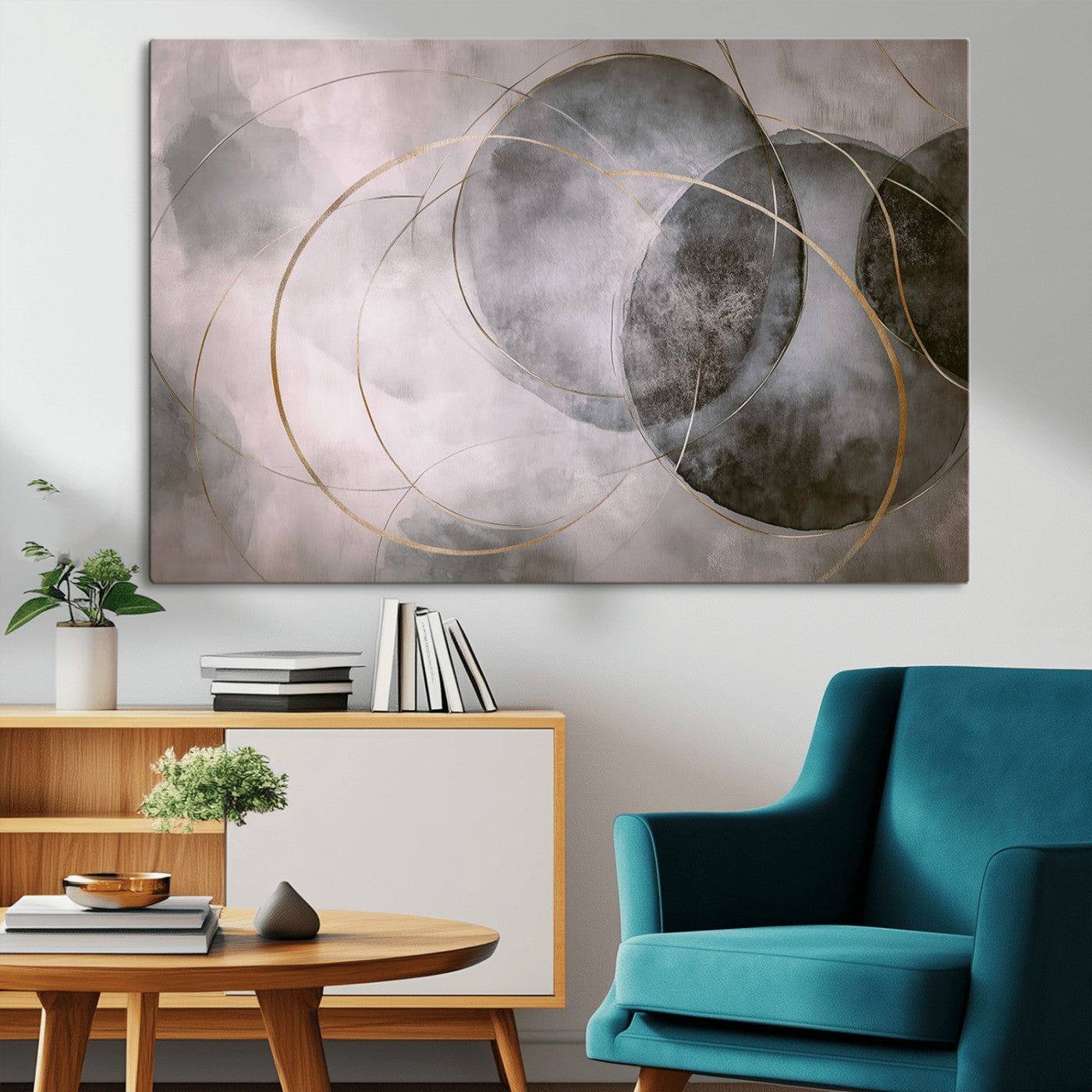 20066876-MGV-CV-36X24-Neutral Abstract Circle Wall Art – Modern Gray Beige Gold Canvas Print, Minimalist Geometric Painting for Bedroom, Living Room,