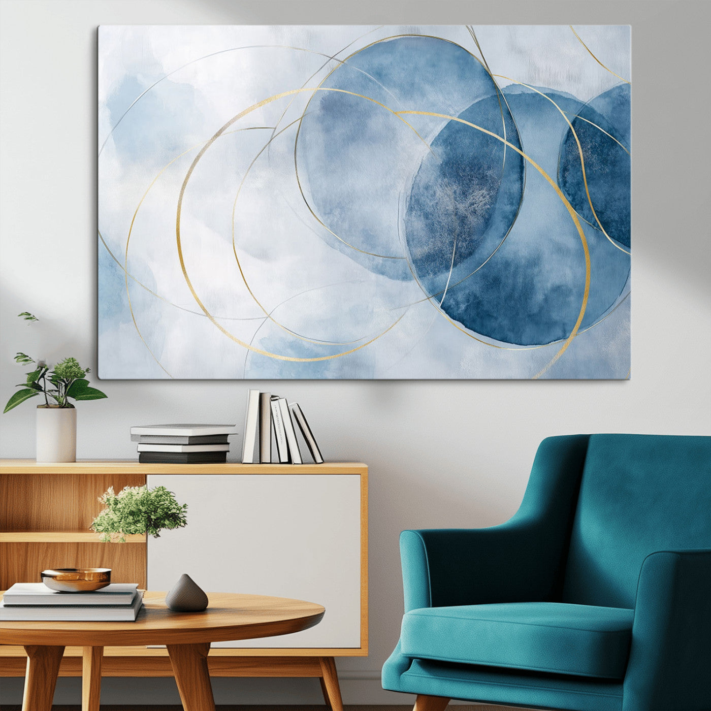 47060443-MGV-CV-36X24-Blue Abstract Circle Wall Art – Modern Gold and Navy Canvas Print, Minimalist Geometric Painting for Living Room, Bedroom, Office