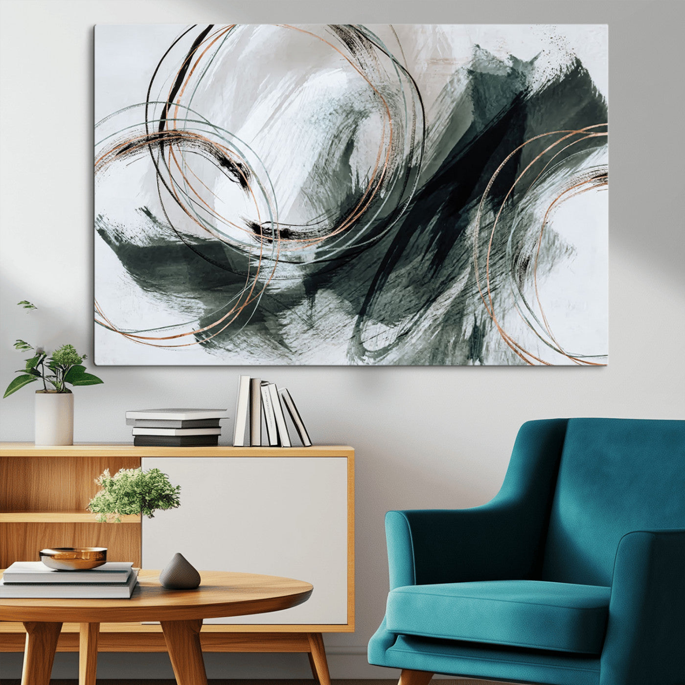 86583265-SEG-FC-90X60_Oversize_Oversize-Black and Gray Abstract Wall Art – Modern Copper Circle Canvas Print, Contemporary Minimalist Painting for Living Room, Bedroom,
