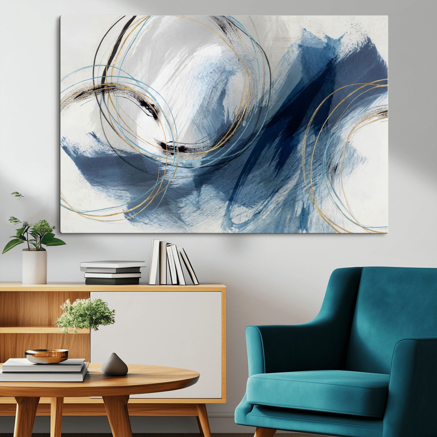 49589477-MGV-CV-36X24-Blue Abstract Wall Art – Modern Circle Canvas Print with Gold and Black Accents, Contemporary Fluid Brushstroke Painting for