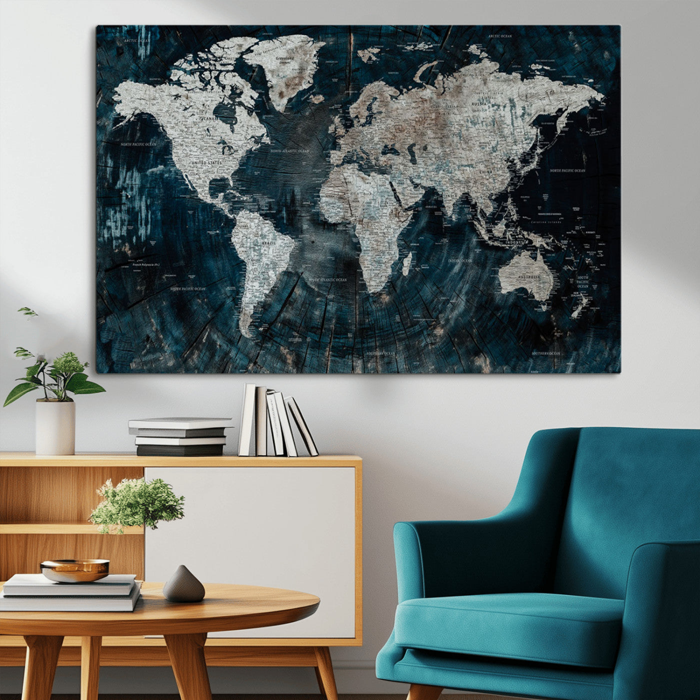 34425609-MGV-CV-36X24-World Map Wall Art – Rustic Navy and Grey Atlas Canvas Print, Distressed Explorer Map Artwork, Industrial Style Decor for Office,