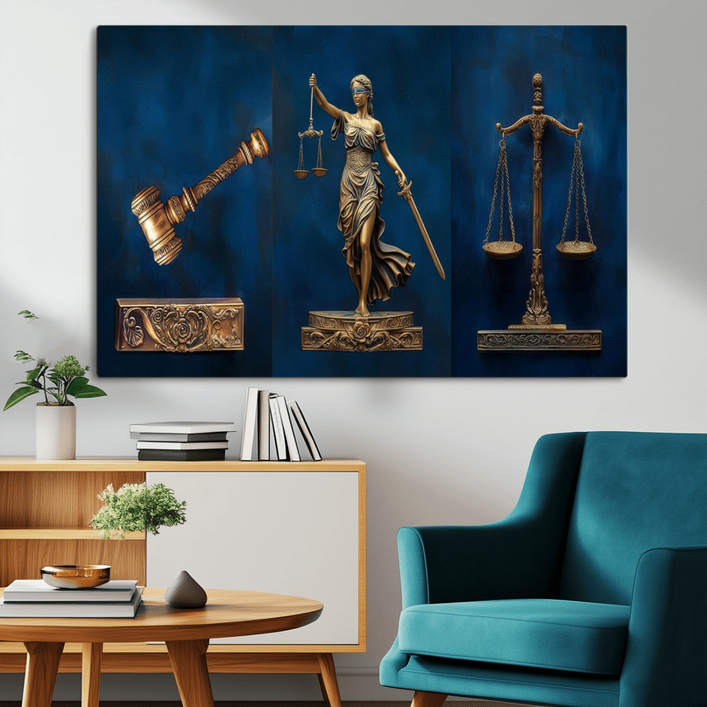 91629053-MGV-CV-36X24-Lady Justice Wall Art – Golden Gavel and Scales Canvas Print, Elegant Legal Office Decor for Lawyers, Judges, Courtroom or Study