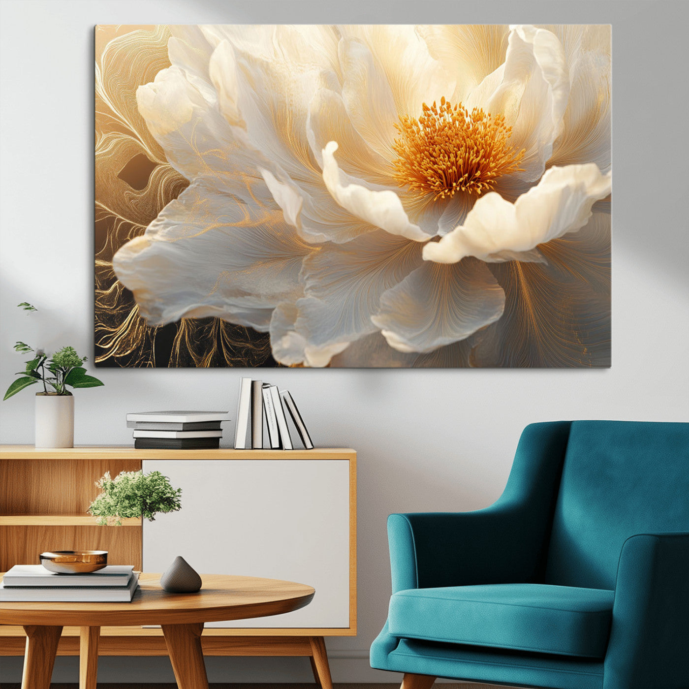 29539087-MGV-CV-36X24-Floral Wall Art – Elegant White and Gold Bloom Canvas Print, Romantic Modern Flower Artwork for Bedroom, Living Room, or Office