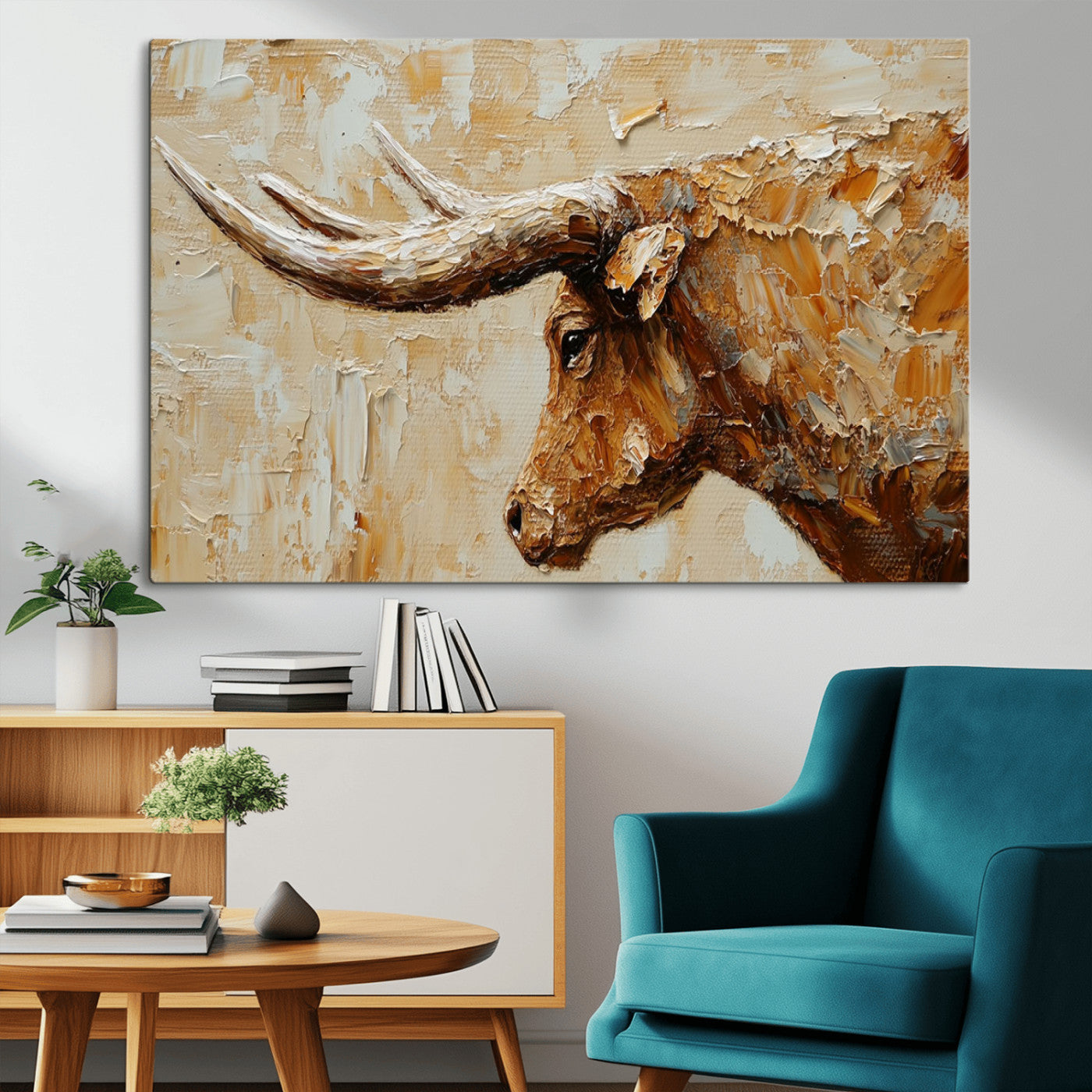 69611428-MGV-CV-36X24-Longhorn Bull Wall Art – Rustic Western Canvas Print, Textured Farmhouse Cattle Painting for Living Room, Office, or Ranch House