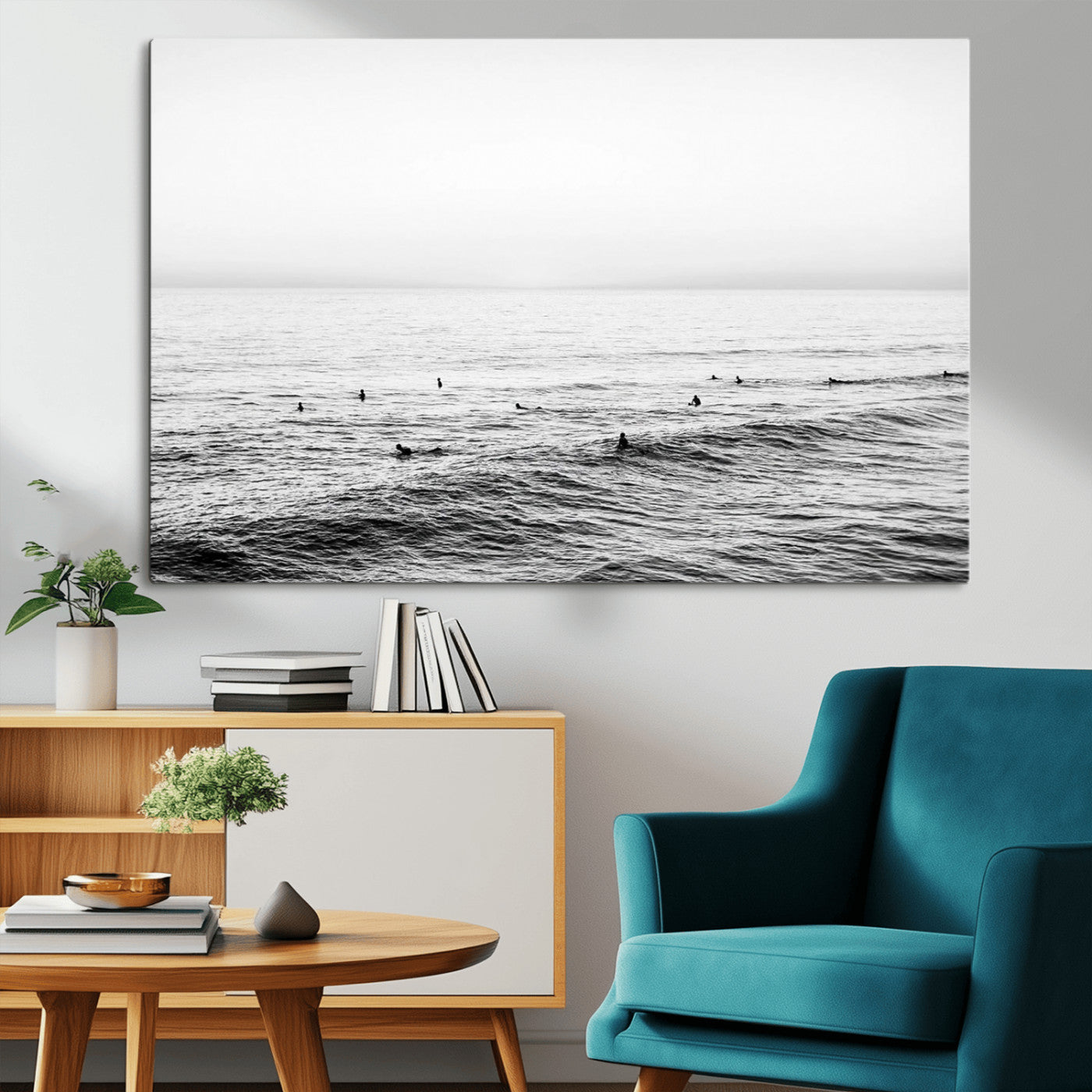 47208268-MGV-CV-36X24-Surfer Ocean Wall Art – Black and White Coastal Canvas Print, Minimalist Surfing Seascape Decor for Living Room, Bedroom, or Beach