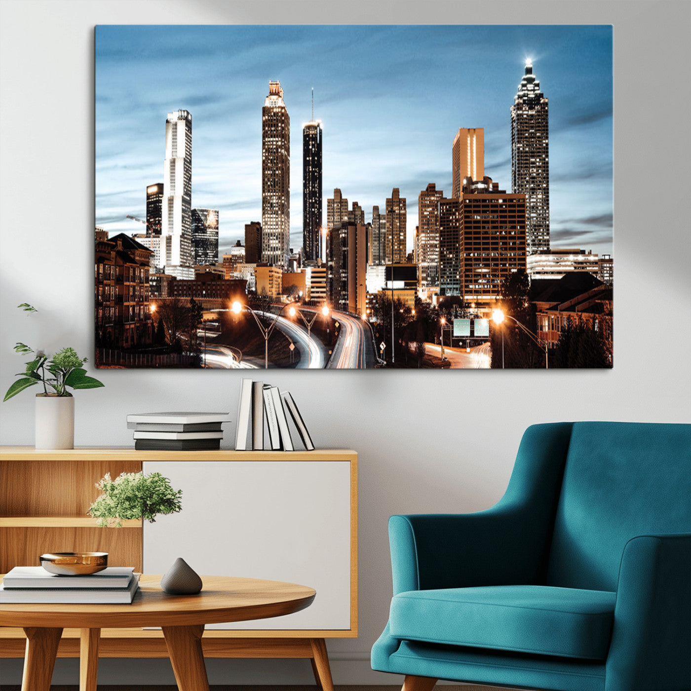 23859158-MGV-CV-36X24-Atlanta Skyline Wall Art – Modern Cityscape Canvas Print with Night Lights and Traffic Trails, Urban Decor for Office, Apartment,
