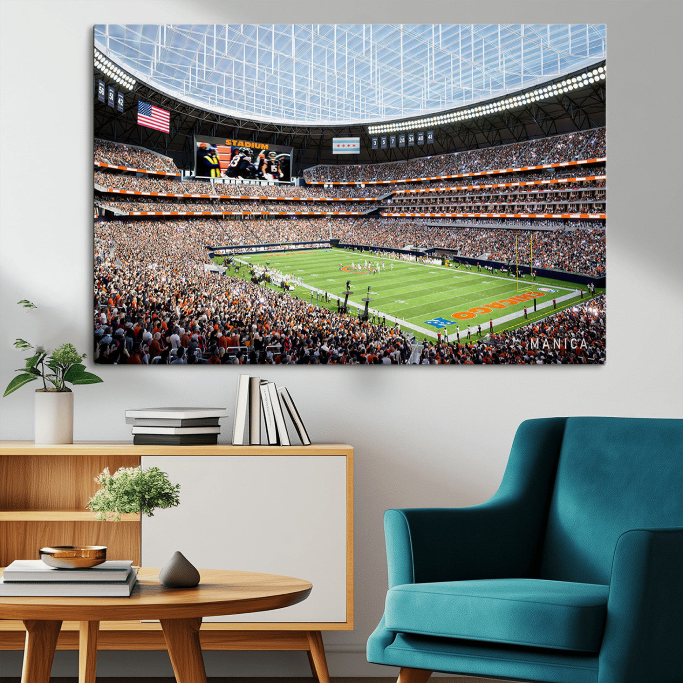 32530647-MGV-CV-36X24-Chicago Bears Stadium Wall Art – Futuristic Dome Arena Canvas Print, Modern Football Concept Design Decor for Man Cave, Bar, or