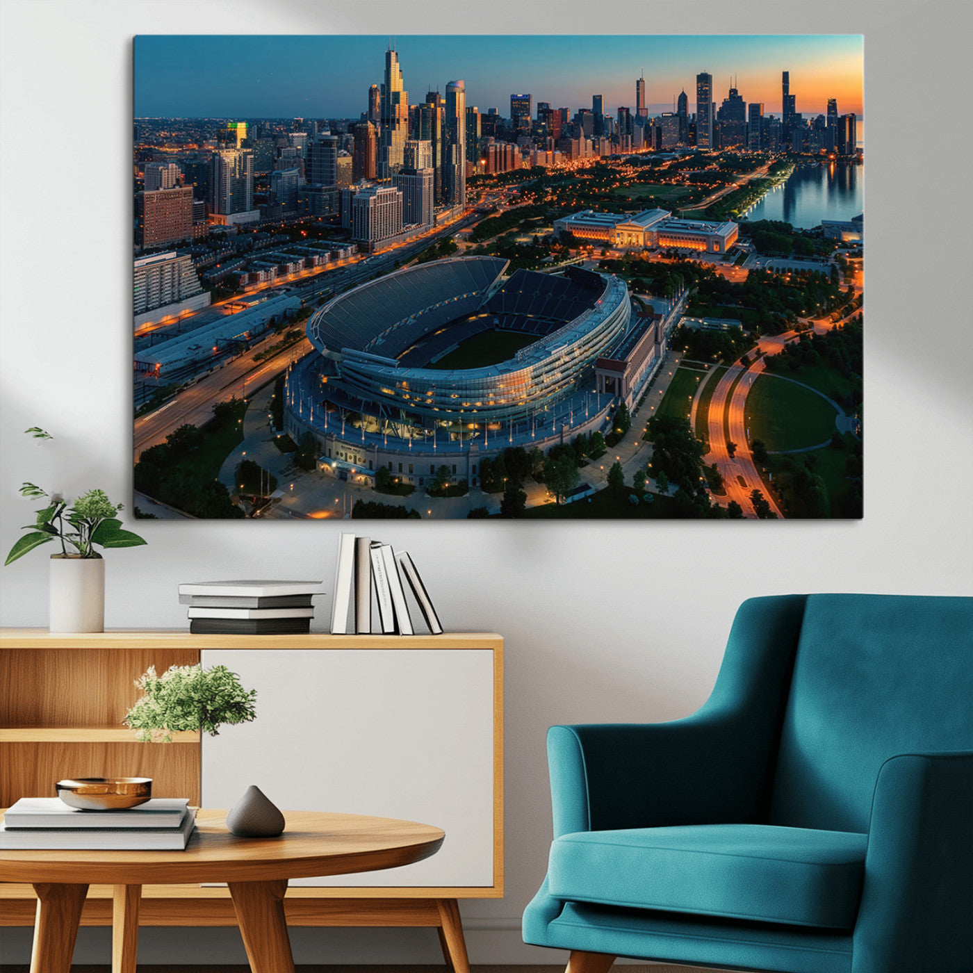 36690345-MGV-CV-36X24-Soldier Field Wall Art – Chicago Bears Stadium Aerial Night Canvas Print, City Skyline Football Decor for Living Room, Office, or
