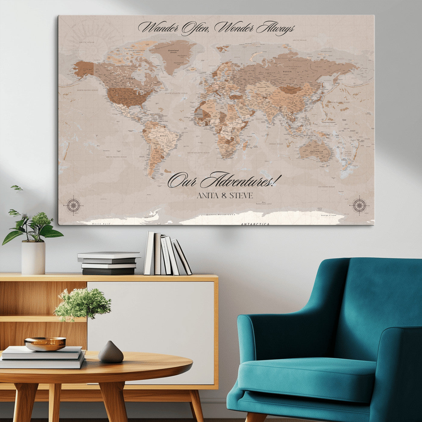 95243244-MGV-CV-36X24-Wander Often Wonder Always World Map Wall Art – Neutral Beige Adventure Canvas Print, Rustic Boho Travel Decor for Bedroom, Living