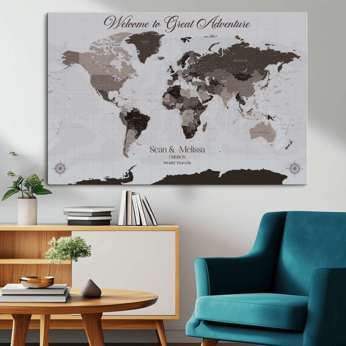 43749658-MGV-CV-36X24-Welcome to Great Adventure World Map Wall Art – Charcoal Gray Canvas Print, Rustic Travel Decor for Living Room, Study, Office or