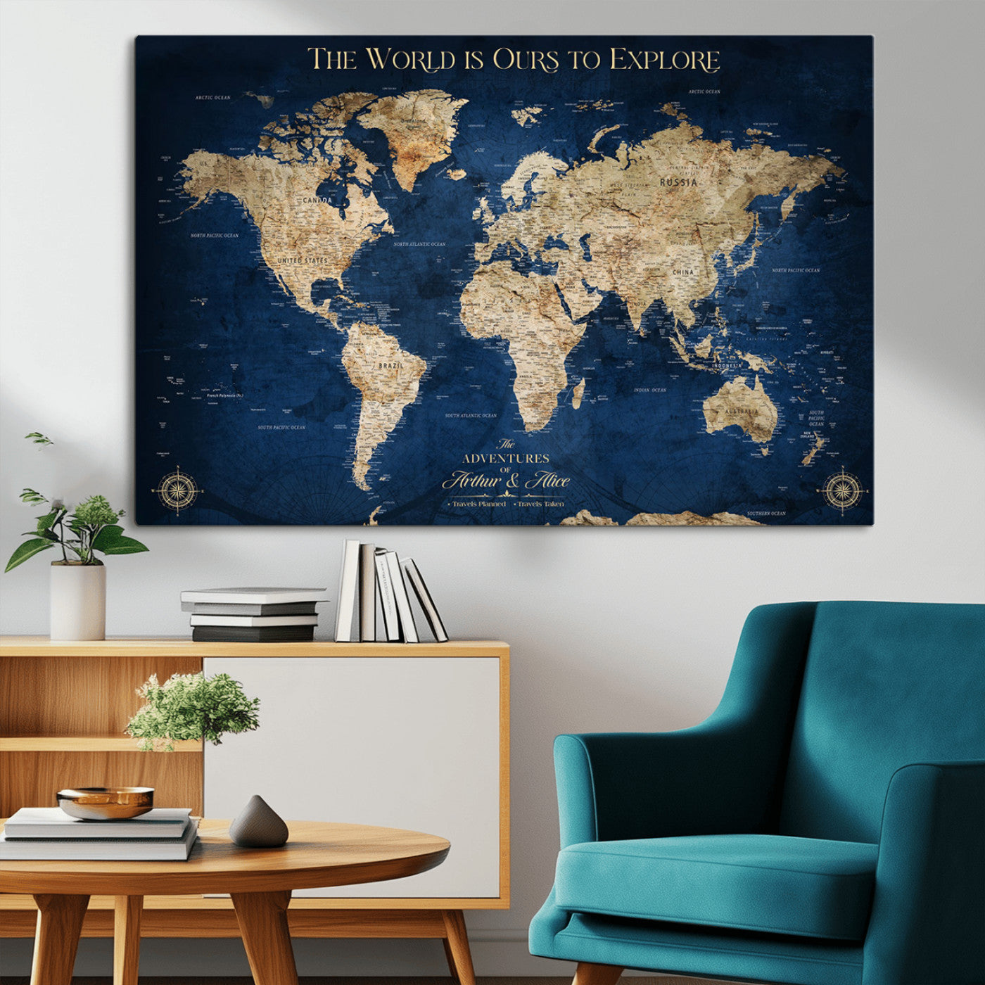 54782997-MGV-CV-36X24-The World is Ours to Explore Wall Art – Blue World Map Canvas Print, Adventure Travel Decor for Home, Office or Living Room,