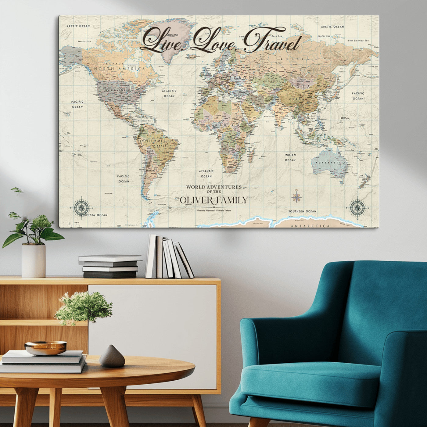 19479008-MGV-CV-36X24-Live Love Travel Wall Art – Detailed World Map Canvas Print, Adventure Decor for Living Room, Office or Bedroom, Travel Gift for