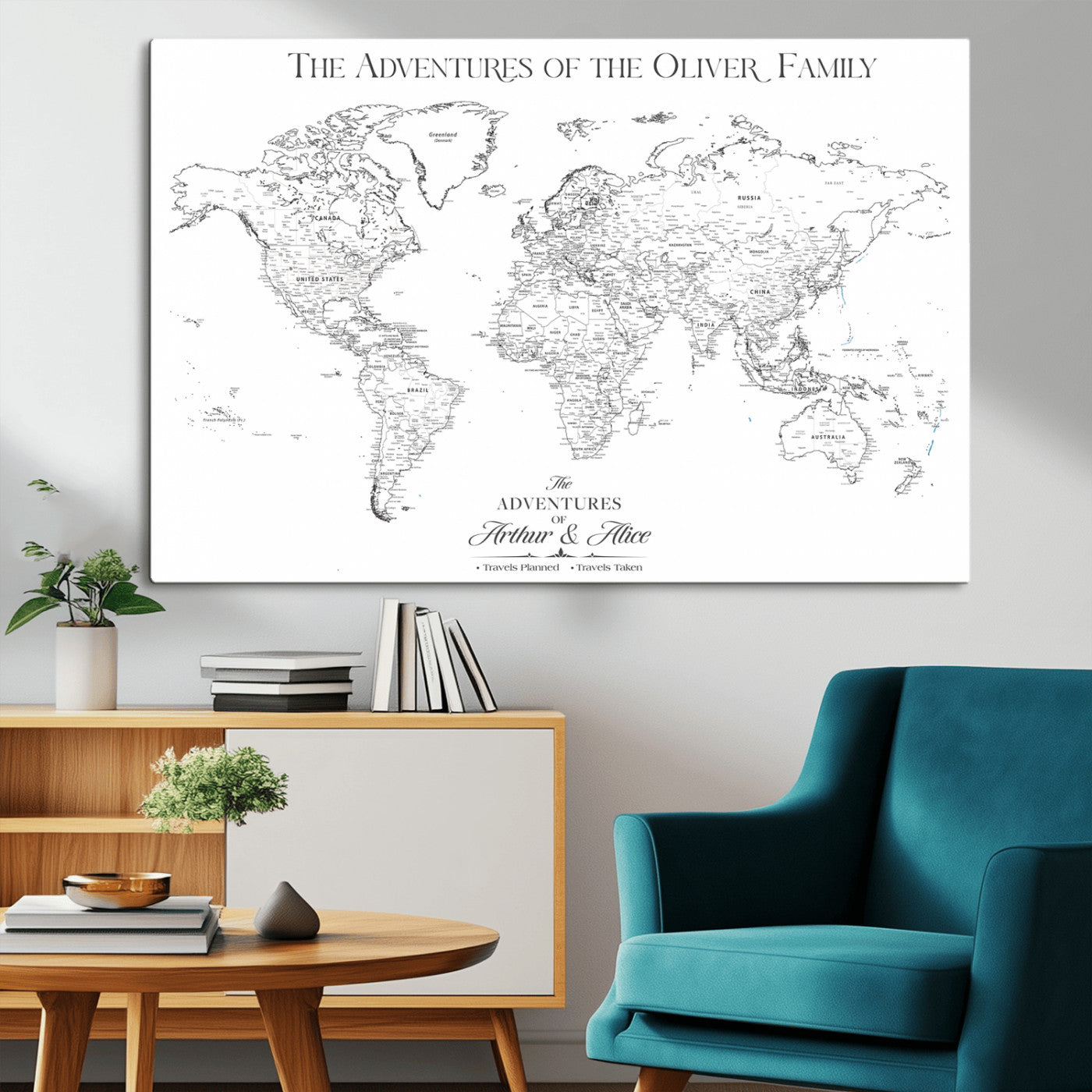 21029247-MGV-CV-36X24-Minimalist World Map Wall Art – Black and White Travel Adventure Print, Modern Family Travel Map Decor for Living Room, Bedroom,