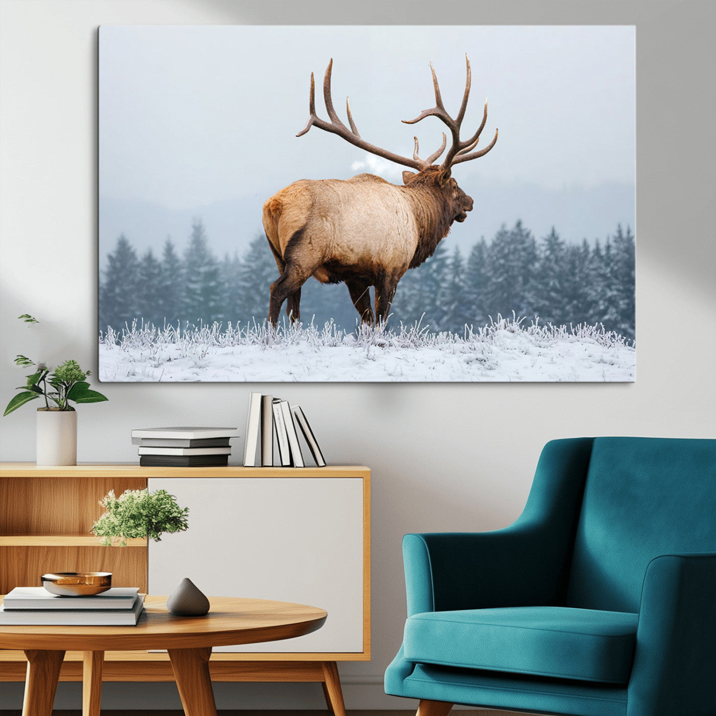 85177251-MGV-CV-36X24-Elk Wall Art – Majestic Wildlife Canvas Print of Bull Elk Snowy Forest, Rustic Nature Decor for Living Room, Cabin, or Office