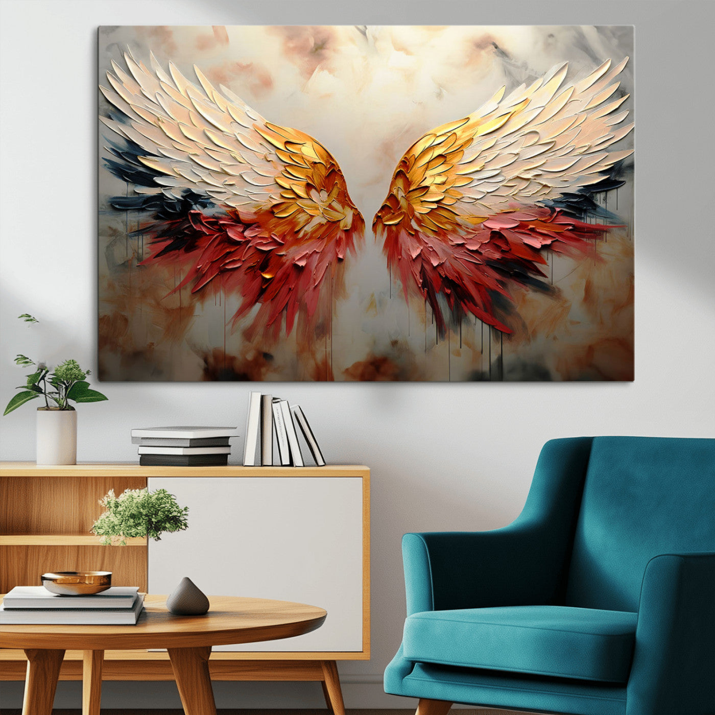 91020932-MGV-CV-36X24-Angel Wings Wall Art – Abstract Colorful Canvas Print with Gold and Red Feathers, Modern Spiritual Decor for Living Room, Bedroom,