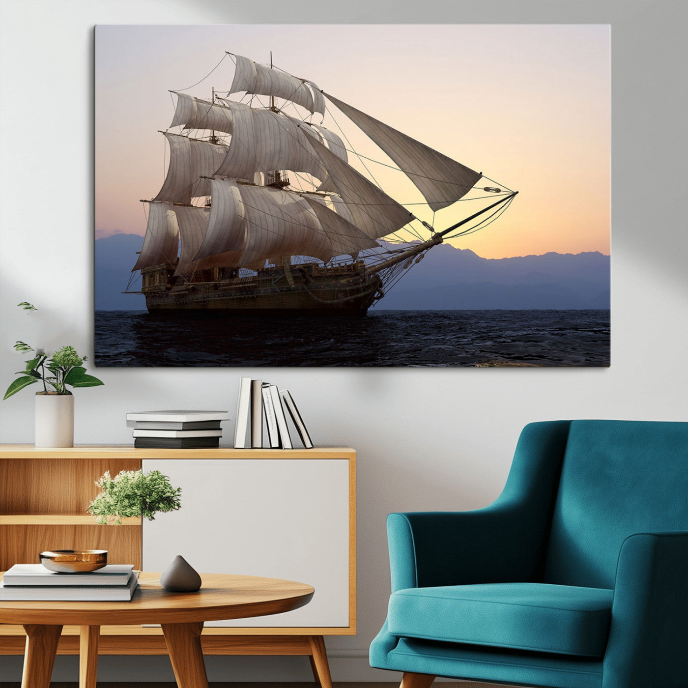 31270610-MGV-CV-36X24-Sailing Ship Wall Art – Sunset Seascape Canvas Print with Tall Ship at Sea, Nautical Ocean Decor for Living Room, Office, or