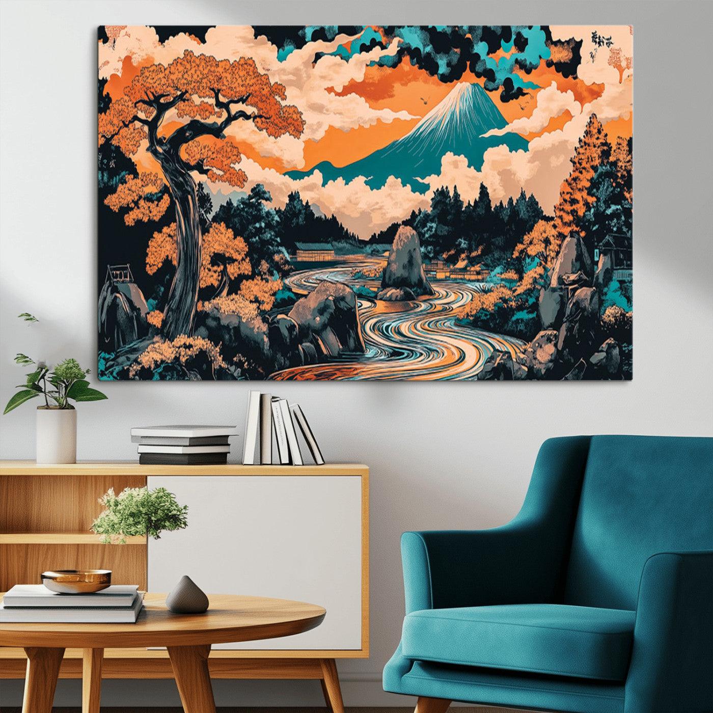 21638941-MGV-CV-36X24-Japanese Landscape Wall Art – Mount Fuji and Flowing River Ukiyo-e Style Canvas Print, Traditional Japan Inspired Artwork for