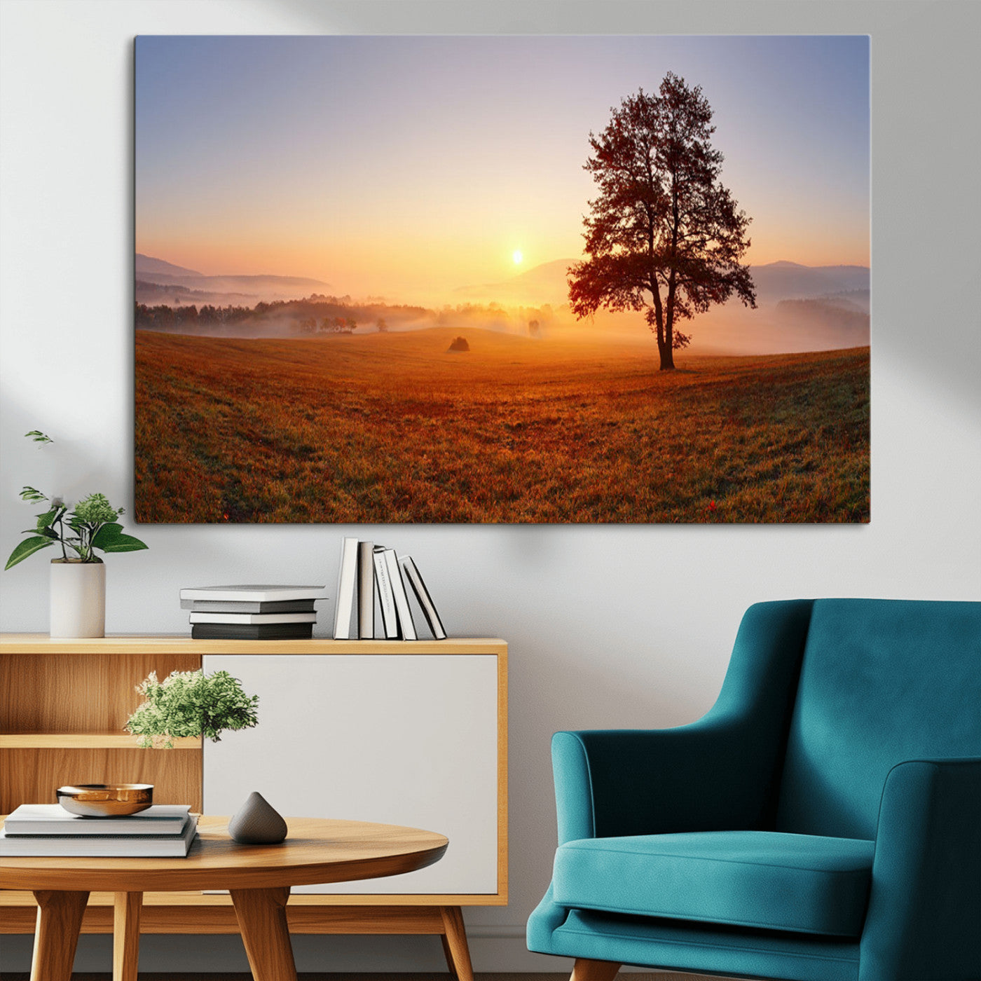 57919623-MGV-CV-36X24-Sunrise Landscape Wall Art – Golden Morning Canvas Print with Tree, Misty Hills and Open Field, Peaceful Nature Photography for
